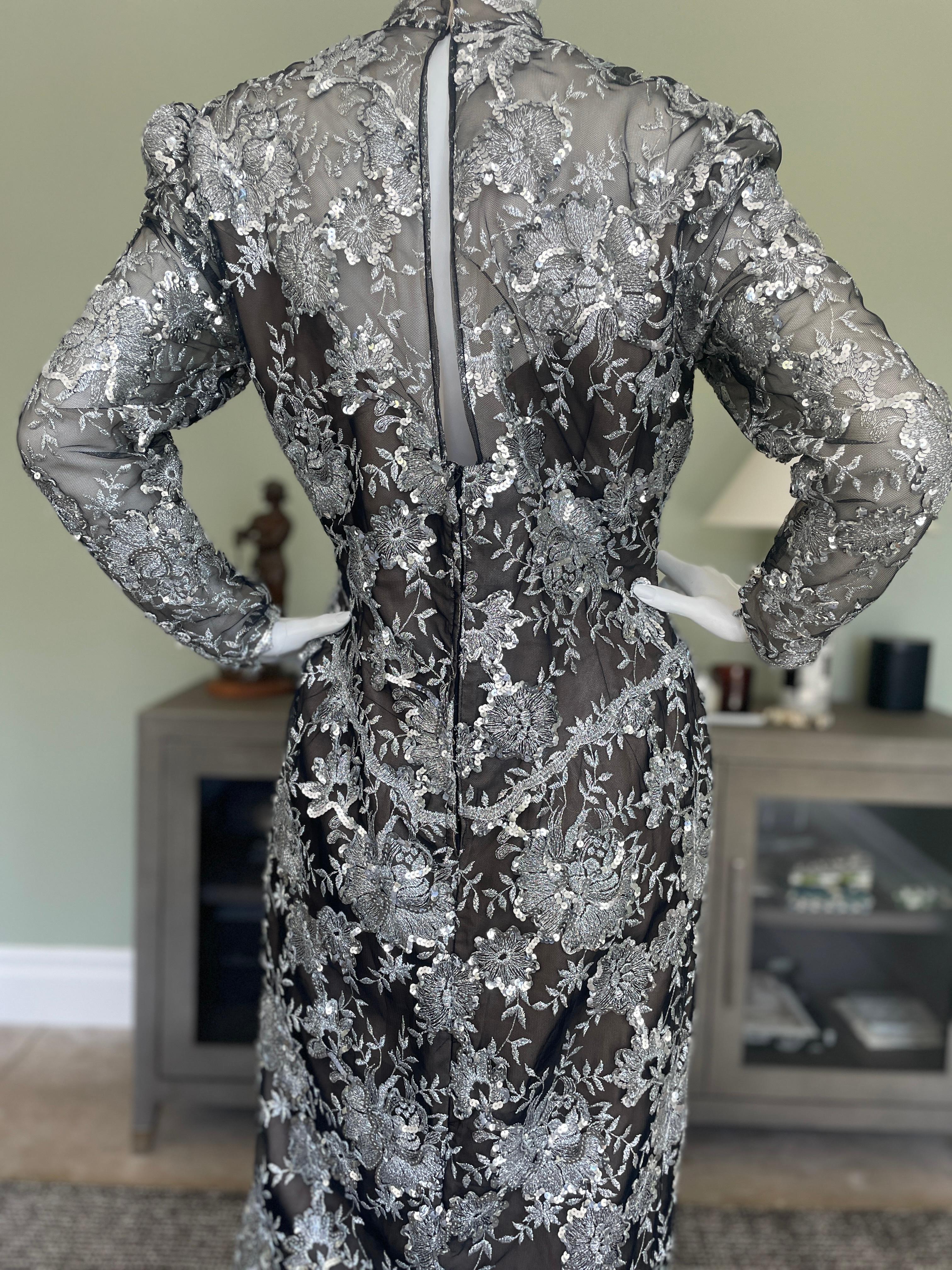 Victor Costa Vintage 1980's Embroidered Sequined Silver Lace Evening Dress For Sale 6