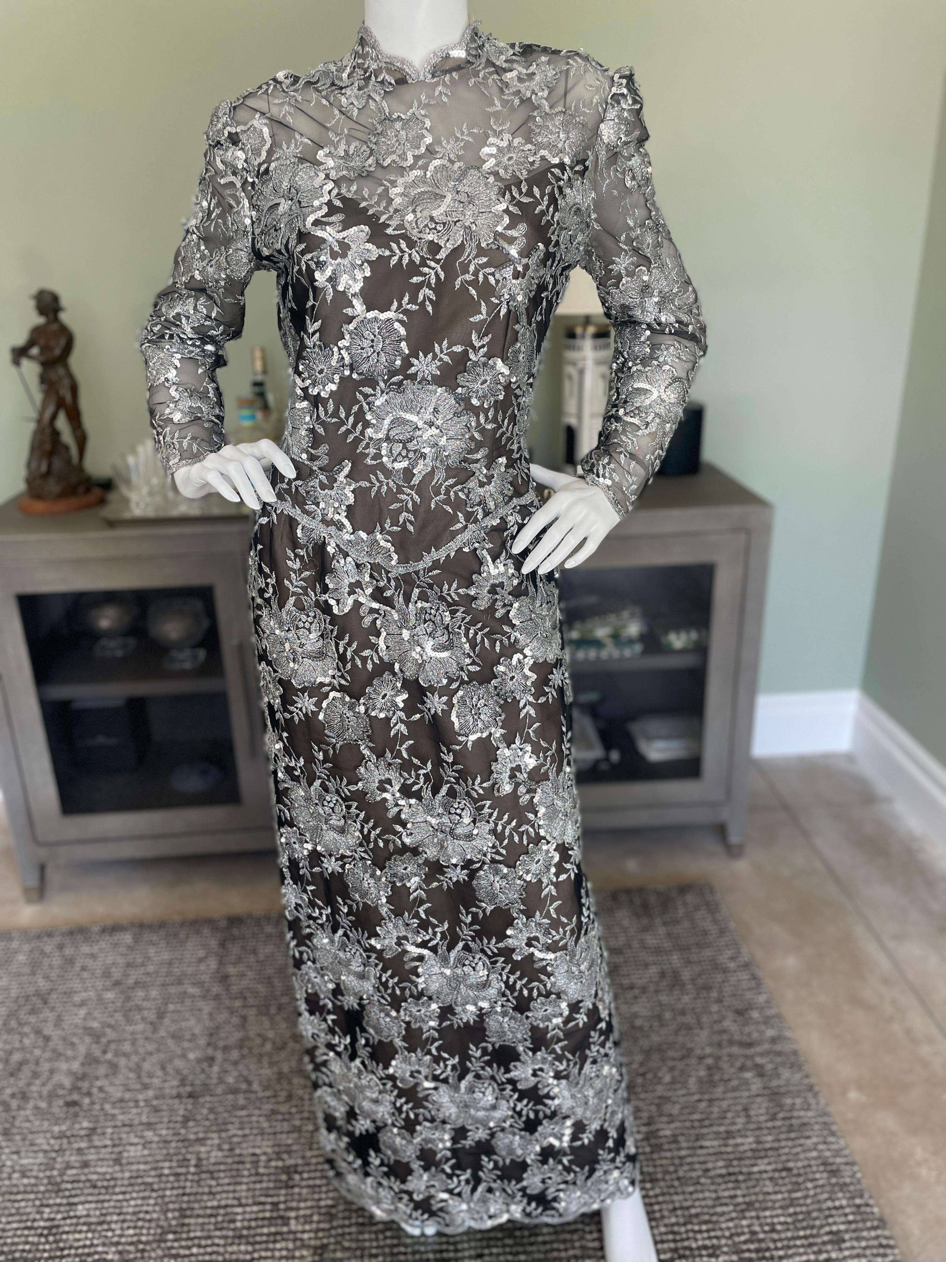 Victor Costa Vintage 1980's Embroidered Sequined Silver Lace Evening Dress In Good Condition For Sale In Cloverdale, CA