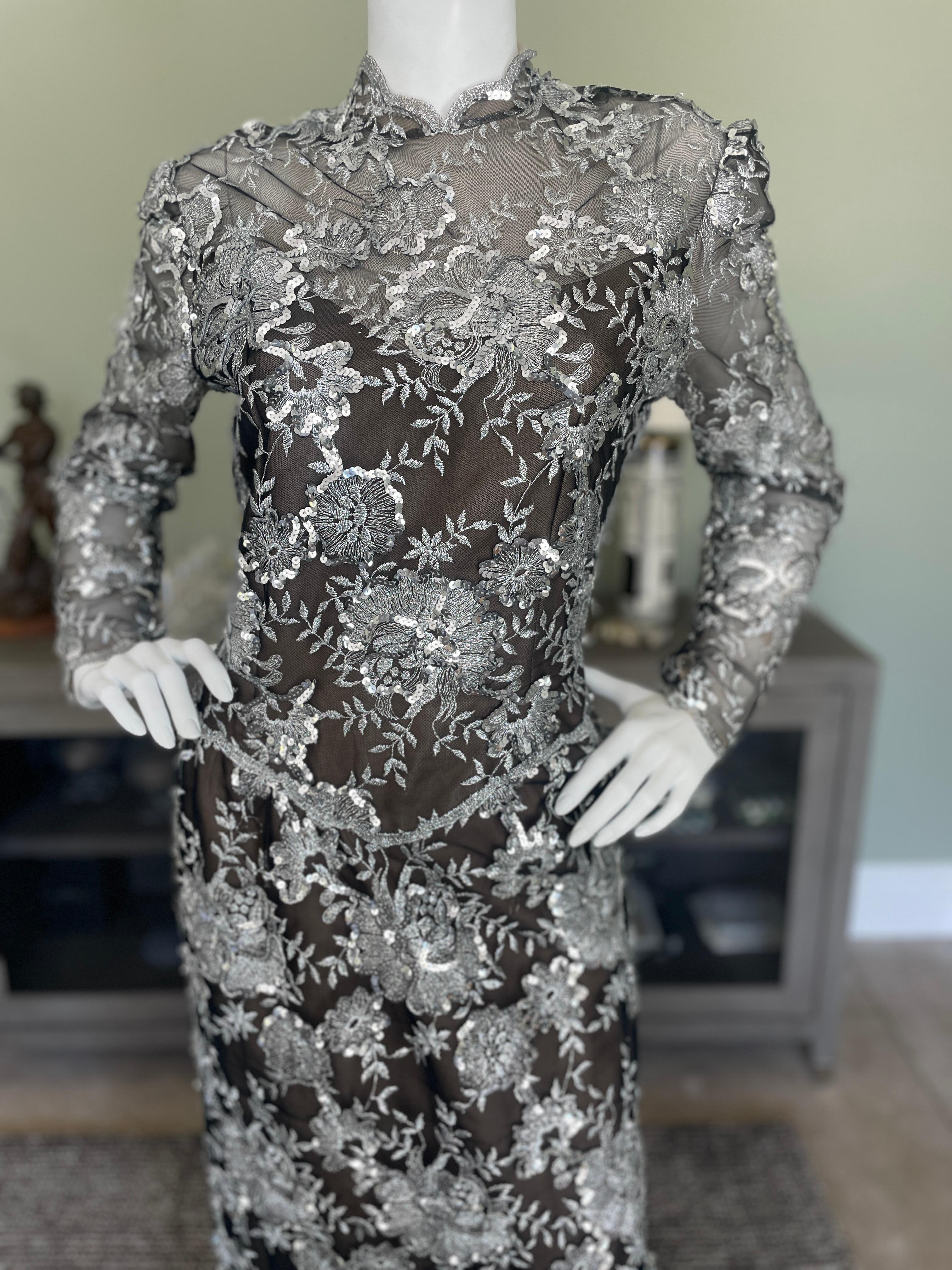 Women's Victor Costa Vintage 1980's Embroidered Sequined Silver Lace Evening Dress For Sale