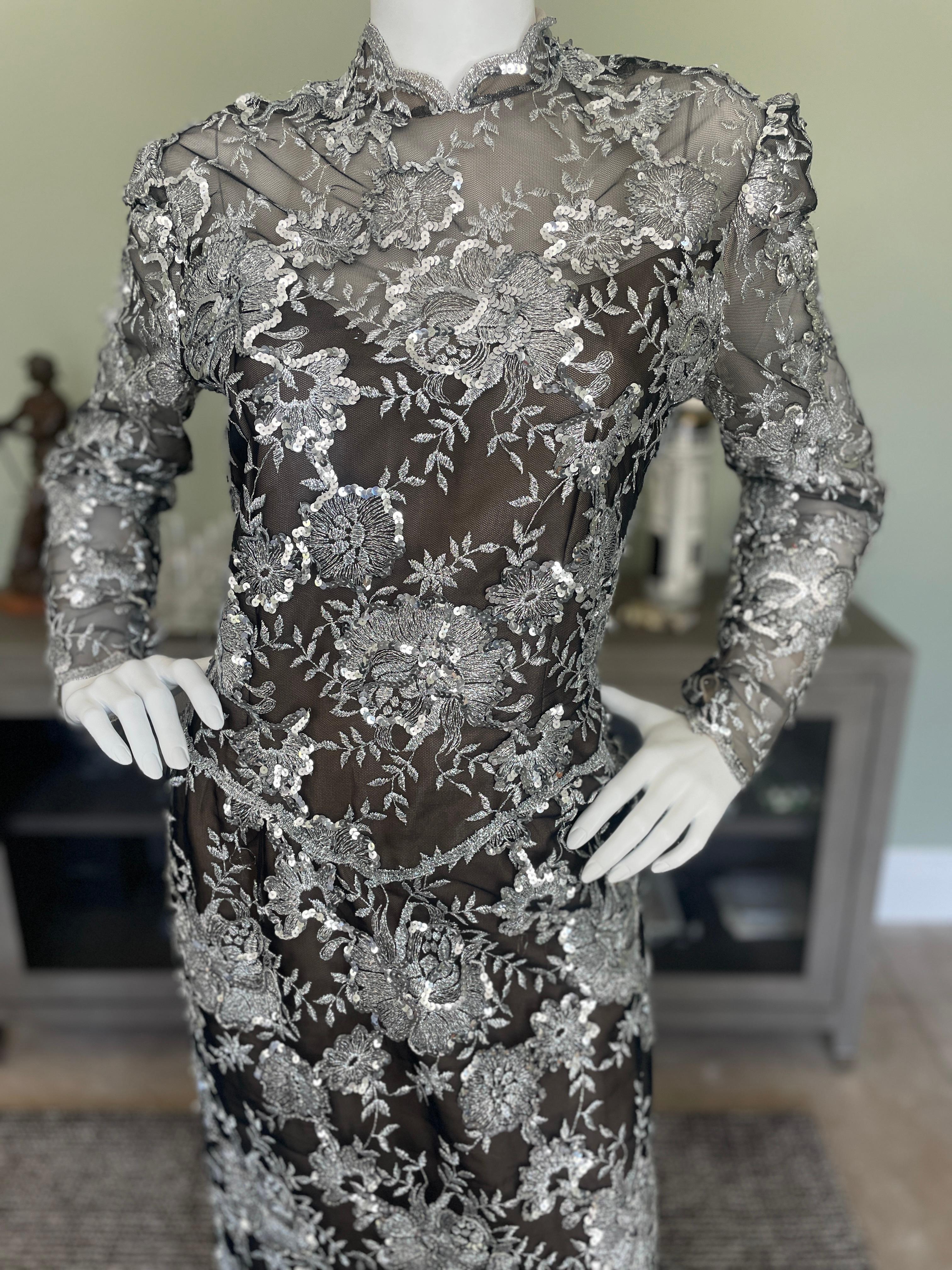 Victor Costa Vintage 1980's Embroidered Sequined Silver Lace Evening Dress For Sale 2