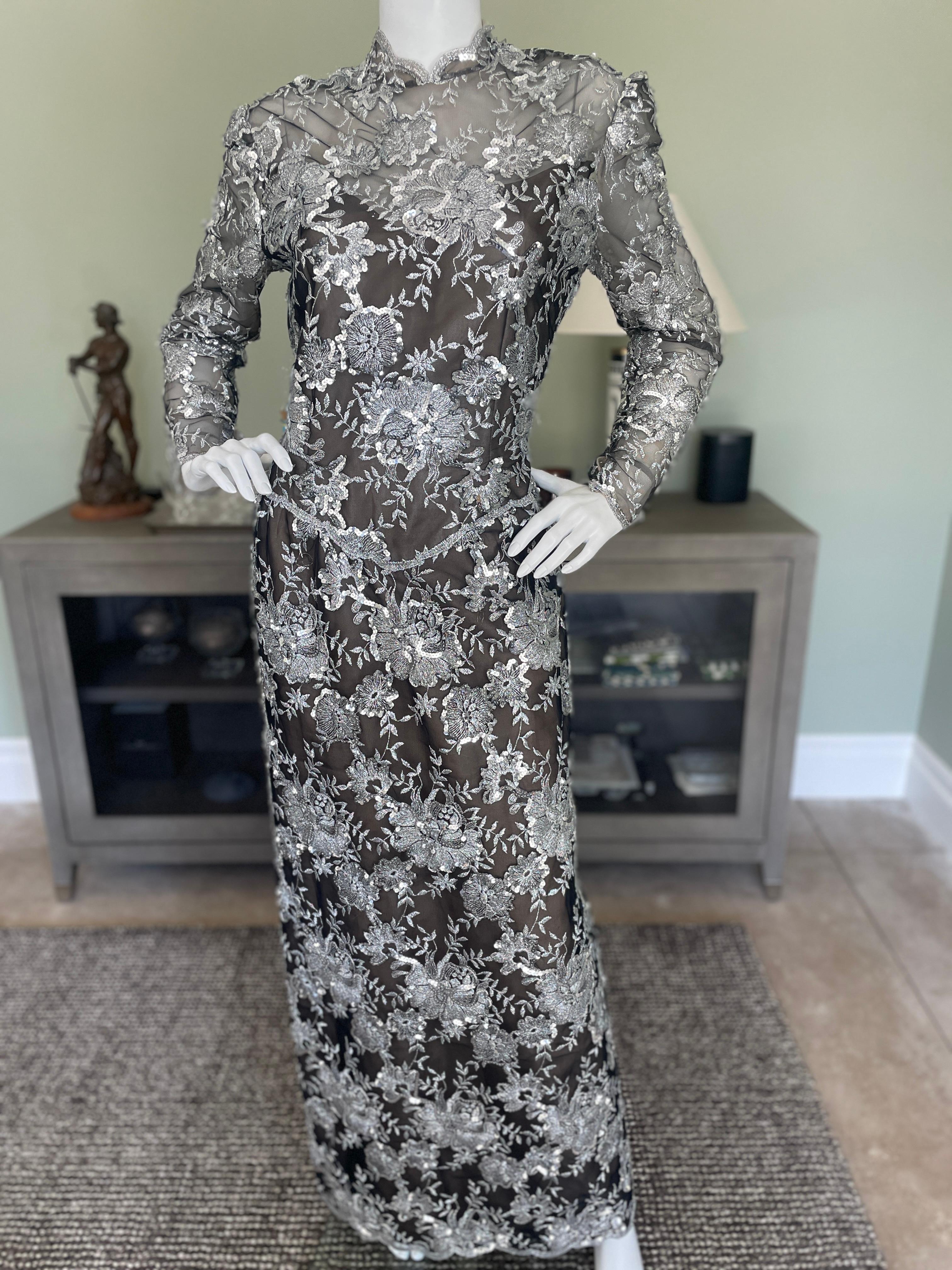 Victor Costa Vintage 1980's Embroidered Sequined Silver Lace Evening Dress For Sale 3