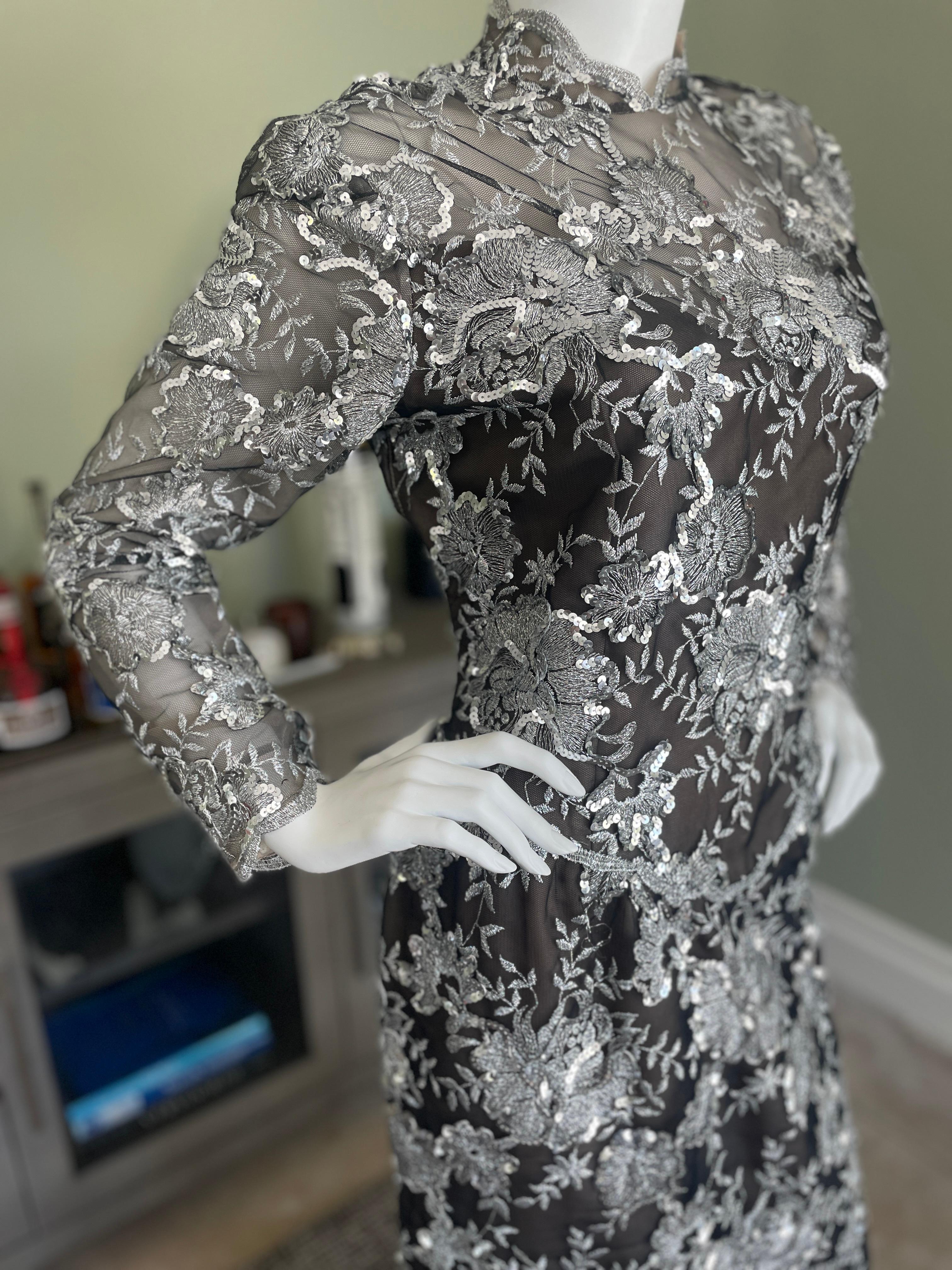Victor Costa Vintage 1980's Embroidered Sequined Silver Lace Evening Dress For Sale 4