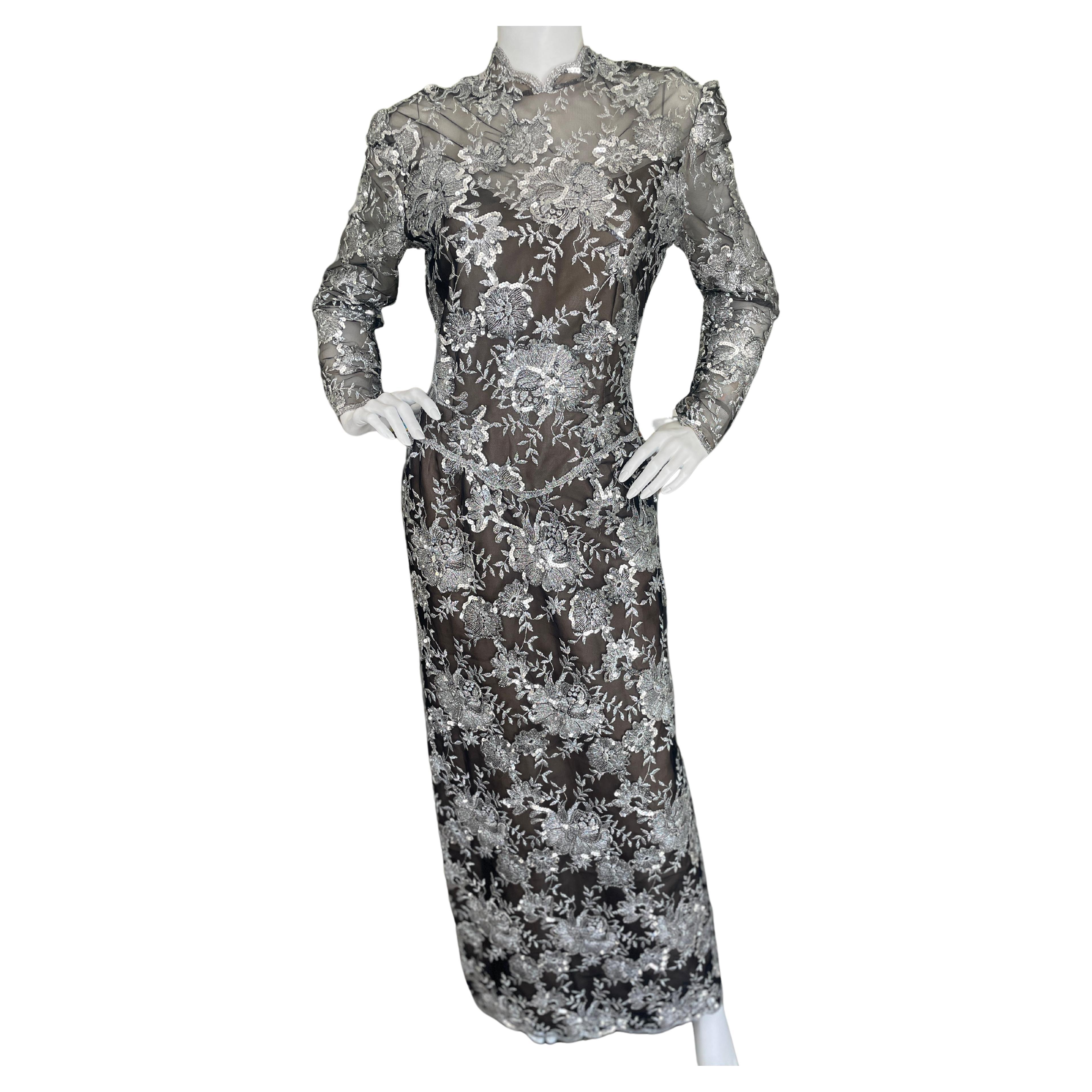 Victor Costa Vintage 1980's Embroidered Sequined Silver Lace Evening Dress For Sale
