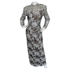 Victor Costa Vintage 1980's Embroidered Sequined Silver Lace Evening Dress
