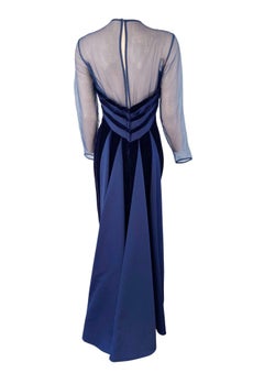 Victor Costa Vintage 1980s Navy Velvet Blue Satin Sheer Neckline Ball Gown XS