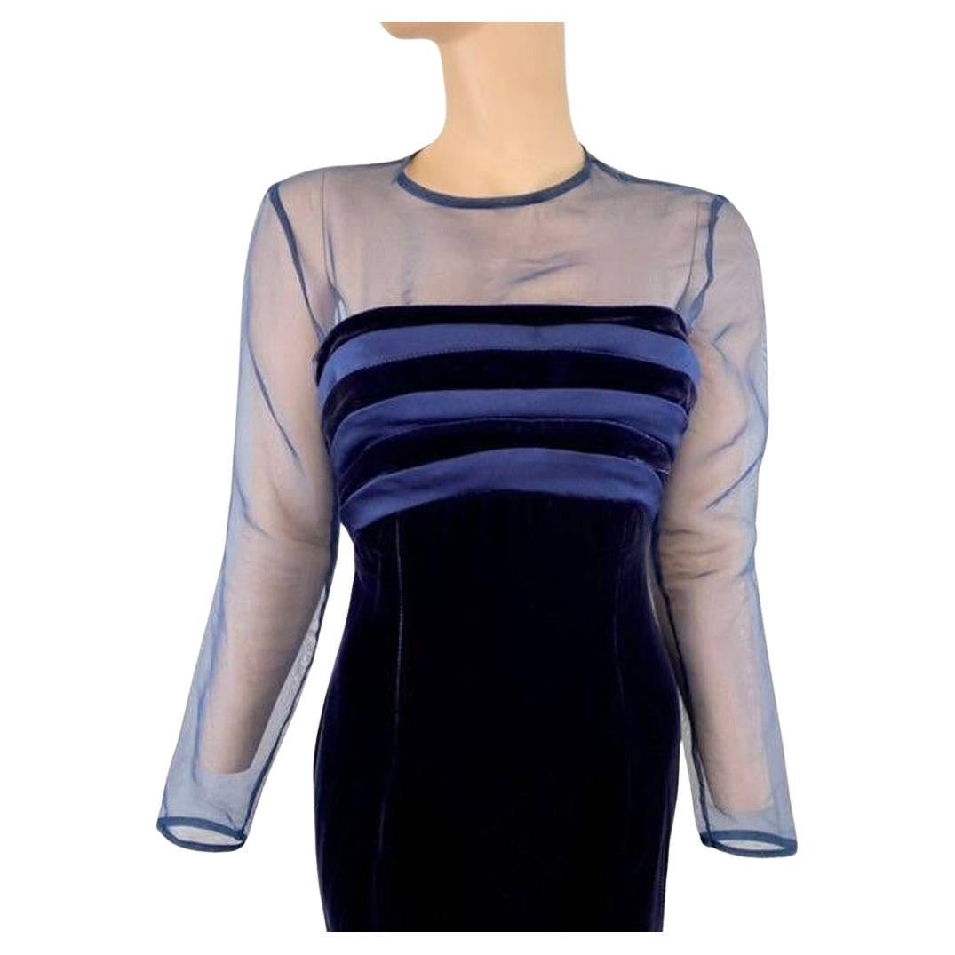 Victor Costa Vintage 1980s Navy Velvet Blue Satin Sheer Neckline Ball Gown XS For Sale 1