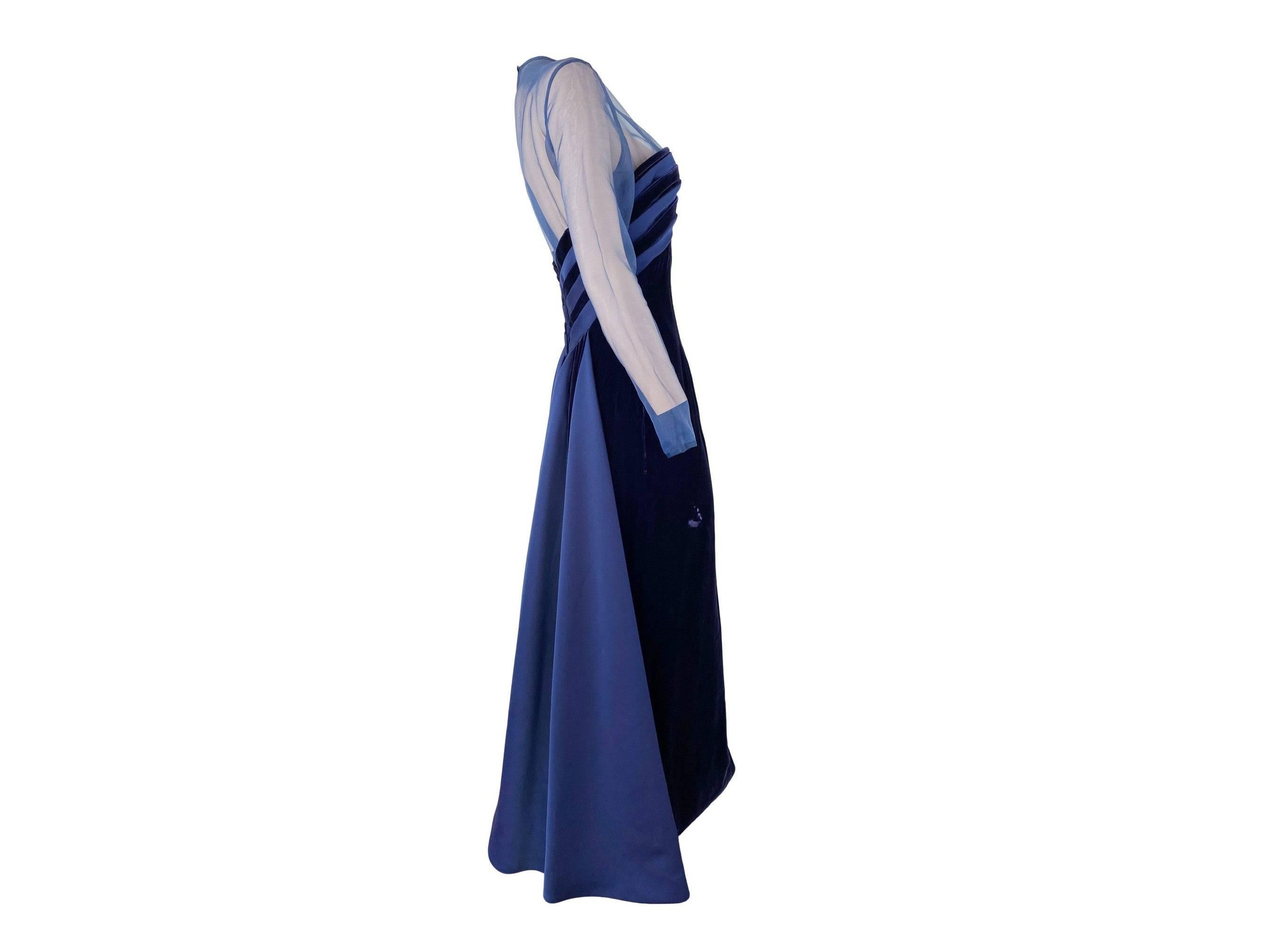 Victor Costa Vintage 1980s Navy Velvet Blue Satin Sheer Neckline Ball Gown XS For Sale 2