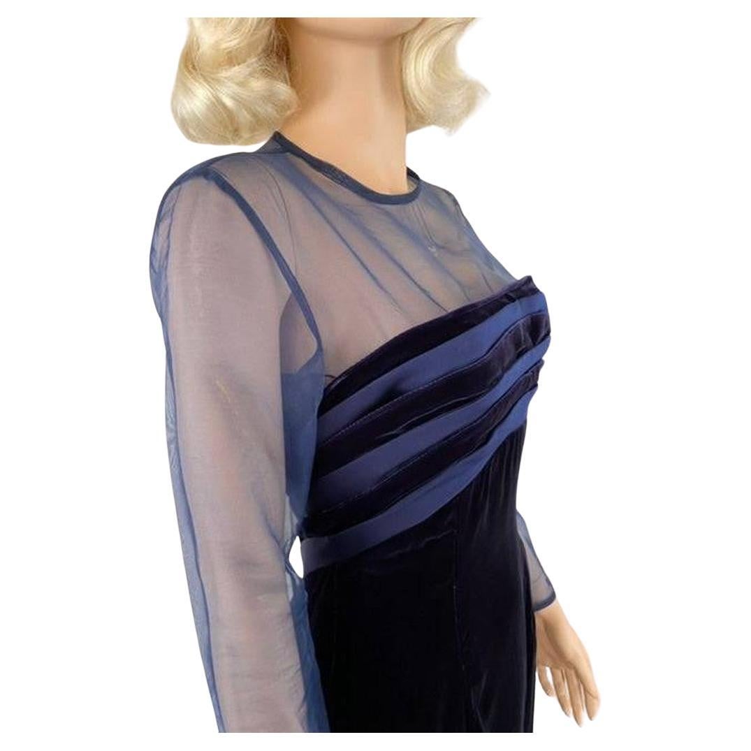 Victor Costa Vintage 1980s Navy Velvet Blue Satin Sheer Neckline Ball Gown XS For Sale 3