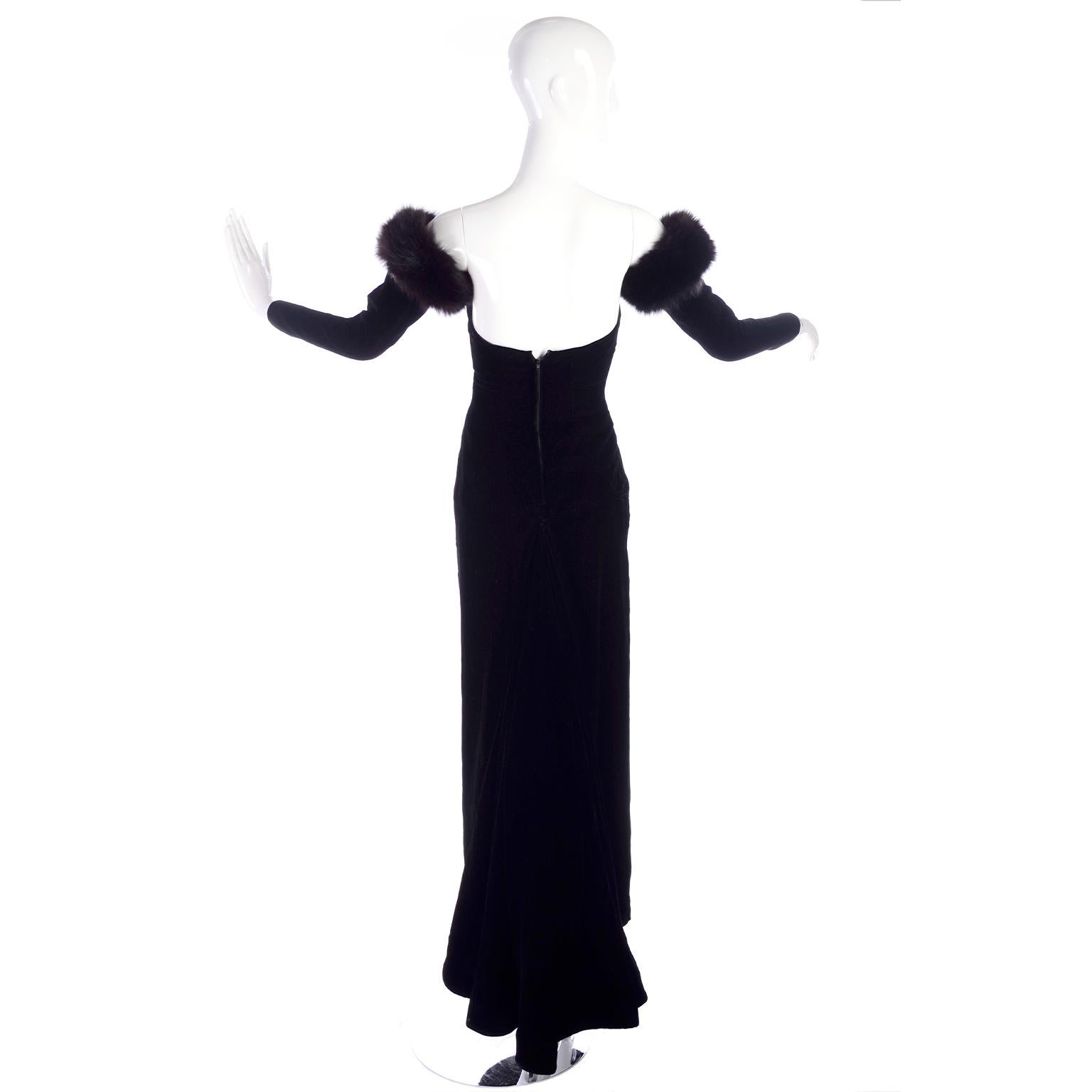 Victor Costa Vintage Black Velvet Evening gown W Detached Fox Fur Trimmed Sleeve 3