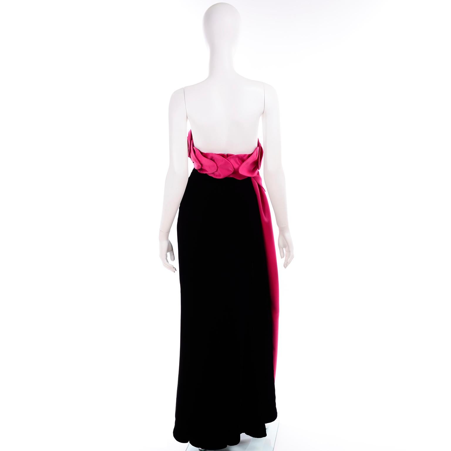 Red Victor Costa Vintage Black Velvet Strapless Evening Dress W Hot Pink Satin Panel