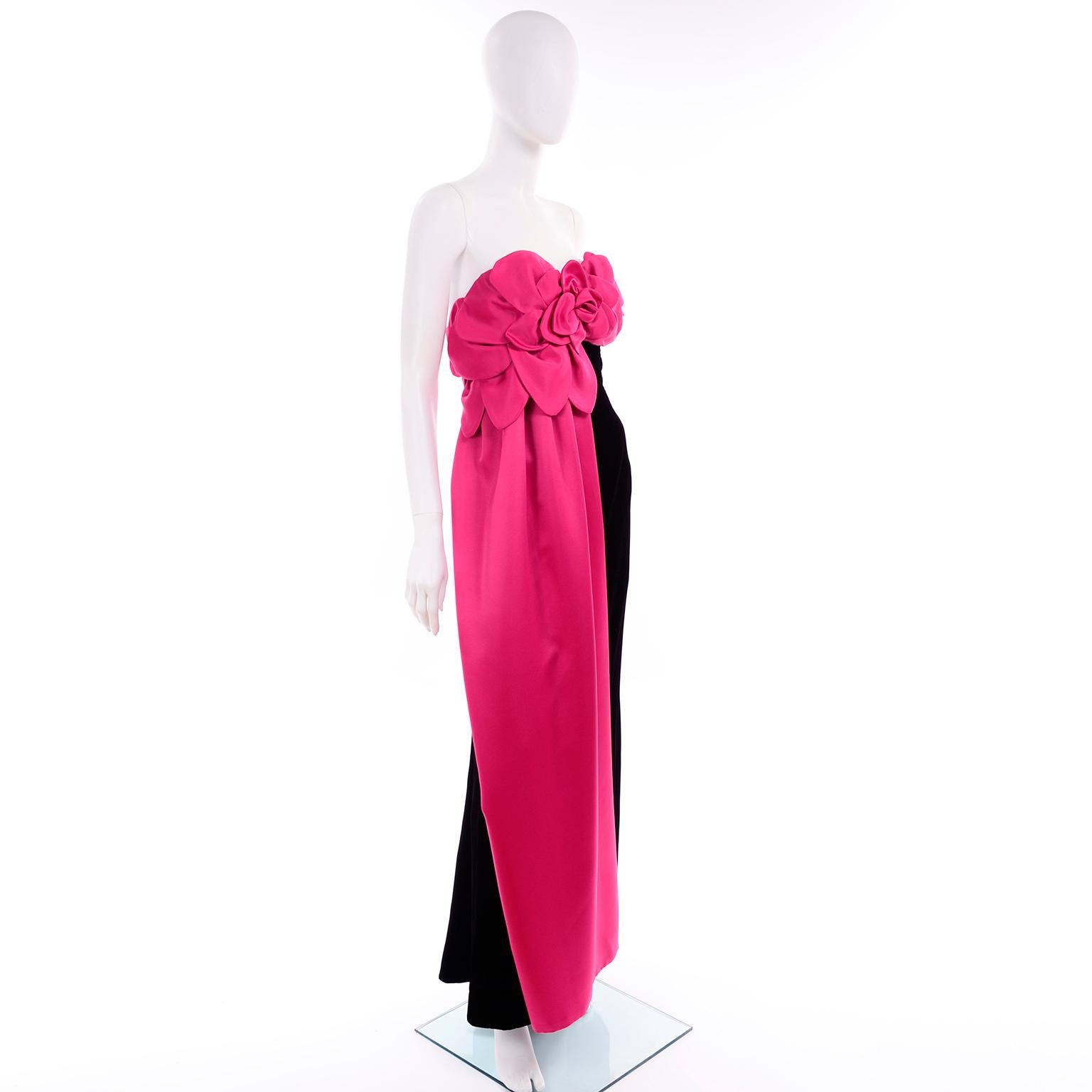 Women's Victor Costa Vintage Black Velvet Strapless Evening Dress W Hot Pink Satin Panel