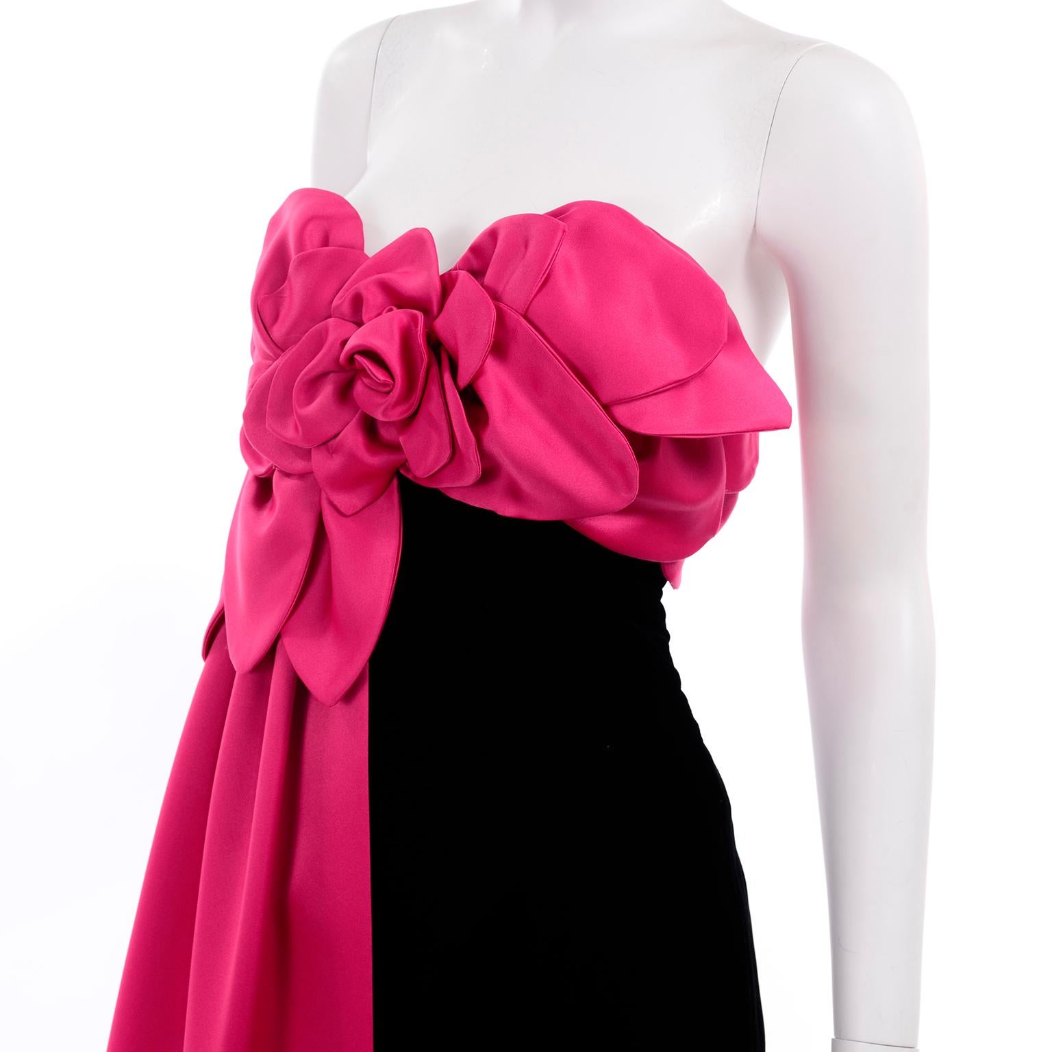 Victor Costa Vintage Black Velvet Strapless Evening Dress W Hot Pink Satin Panel 1