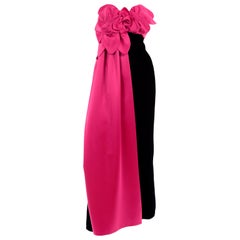 Victor Costa Vintage Black Velvet Strapless Evening Dress W Hot Pink Satin Panel