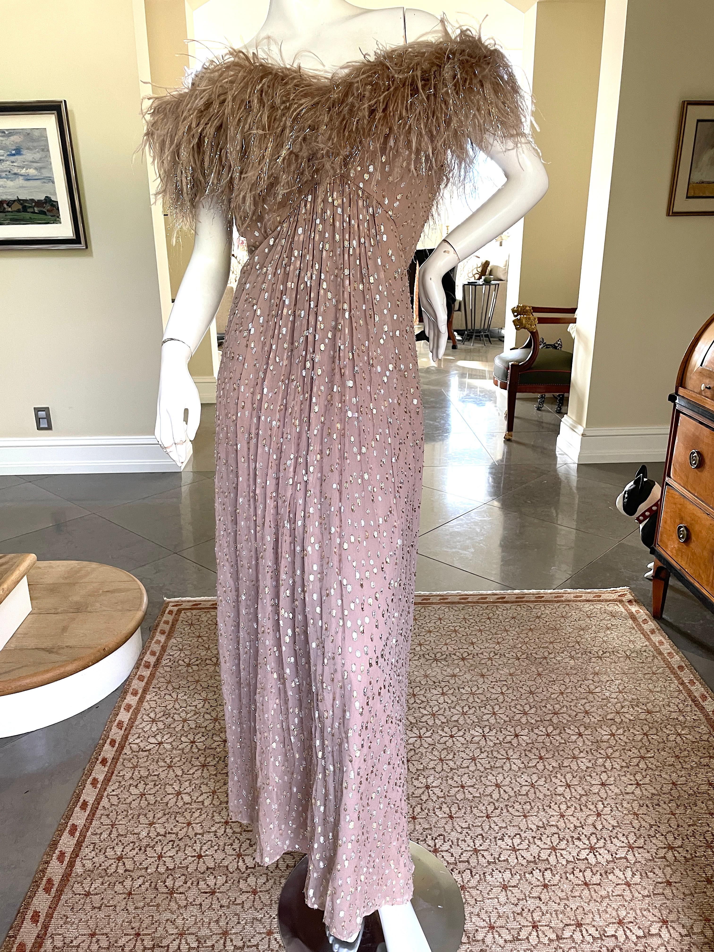 Victor Costa Vintage Devore Velvet Evening Dress with Off the Shoulder Feather Trim
This is sensational, a real entrance maker, the feather's have tinsel.
I'm not certain if the feathers are worn off the shoulder or as shoulder straps
Size 6, there