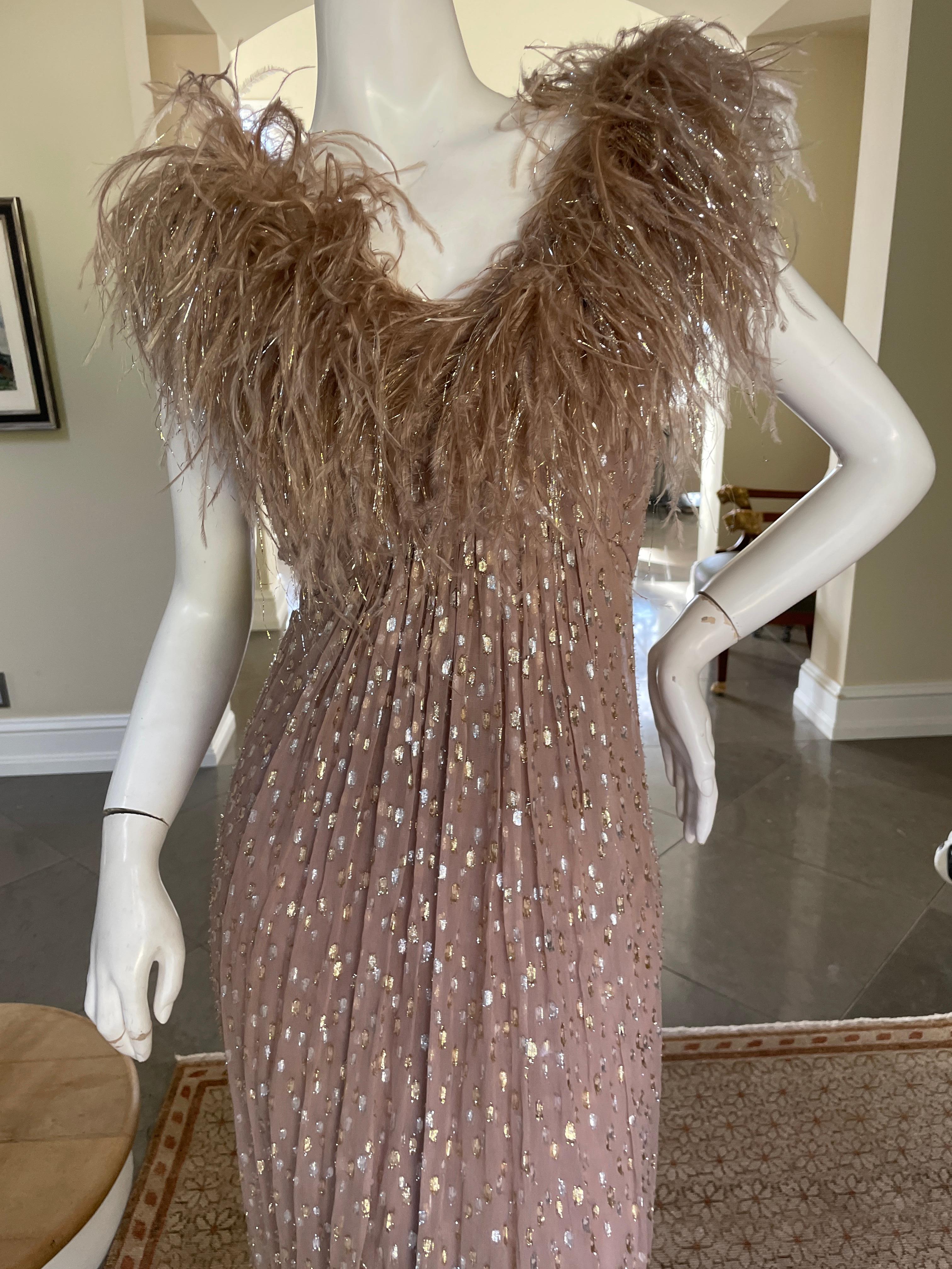 Brown Victor Costa Vintage Devore Velvet Off the Shoulder Feather Evening Dress  For Sale