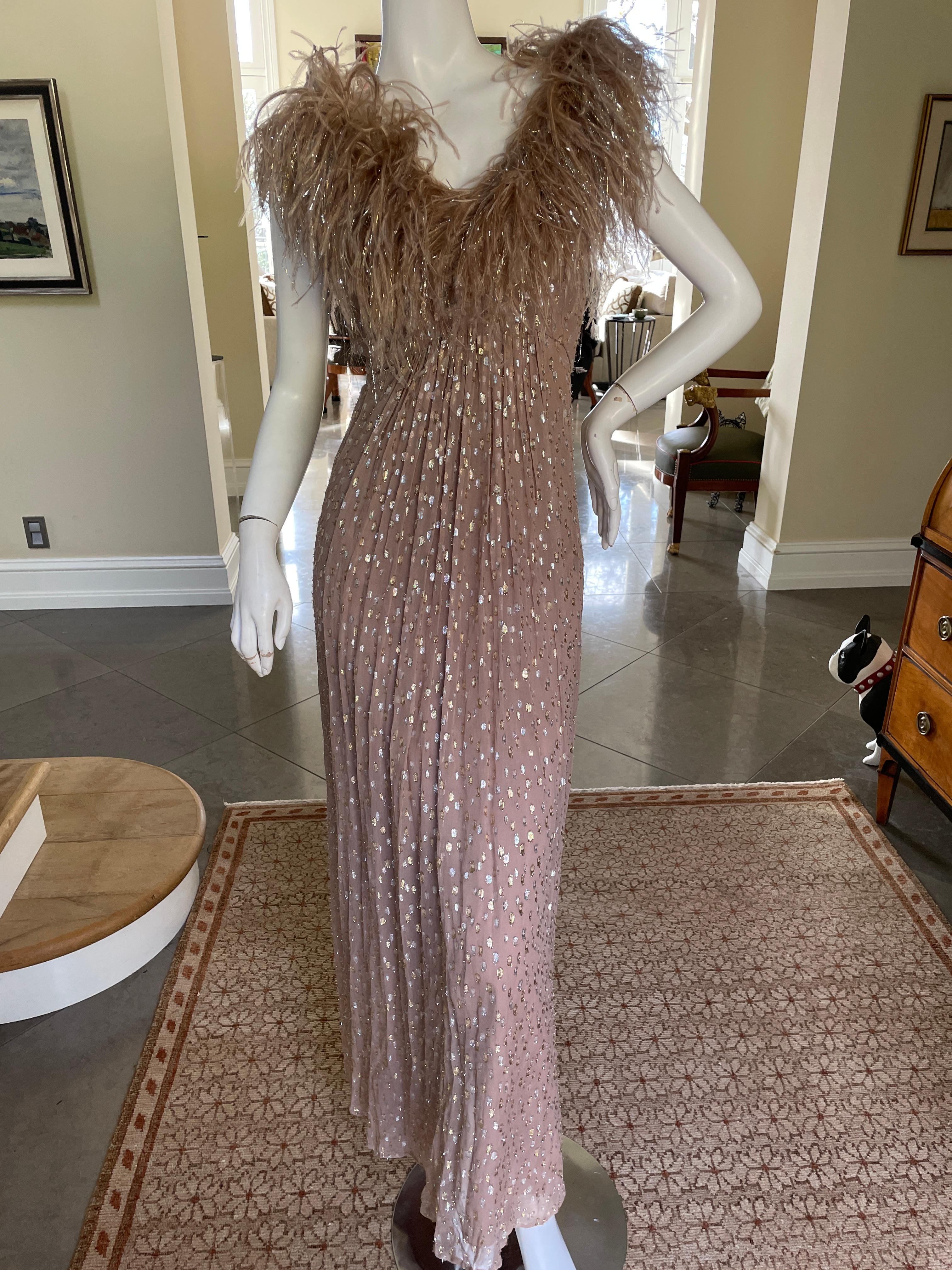 Victor Costa Vintage Devore Velvet Off the Shoulder Feather Evening Dress  In Excellent Condition For Sale In Cloverdale, CA