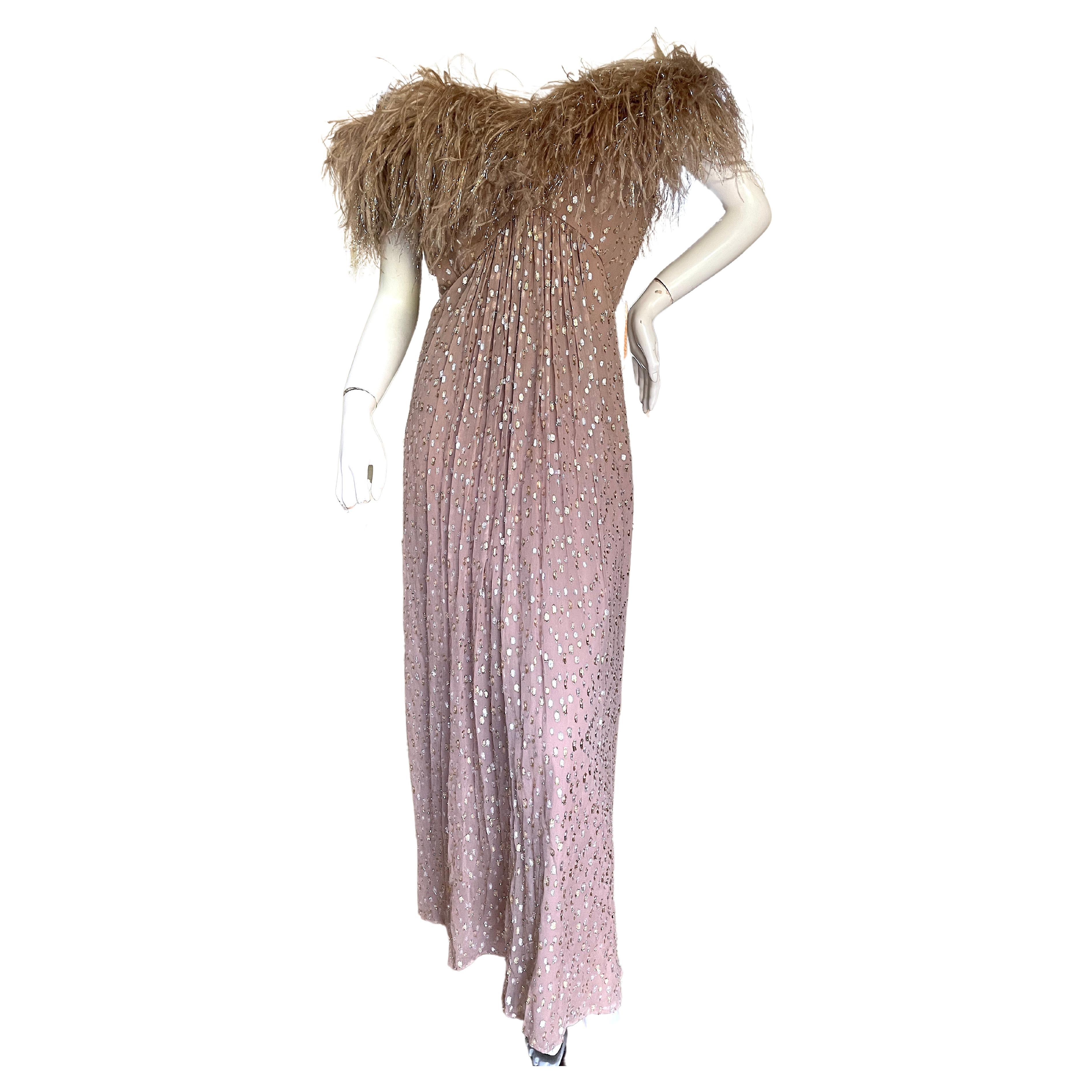 Victor Costa Vintage Devore Velvet Off the Shoulder Feather Evening Dress  For Sale