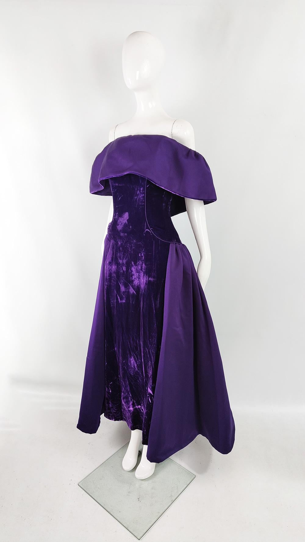 Victor Costa Vintage Purple Crushed Velvet Evening Prom Ball Gown Dress, 1980s In Good Condition In Doncaster, South Yorkshire