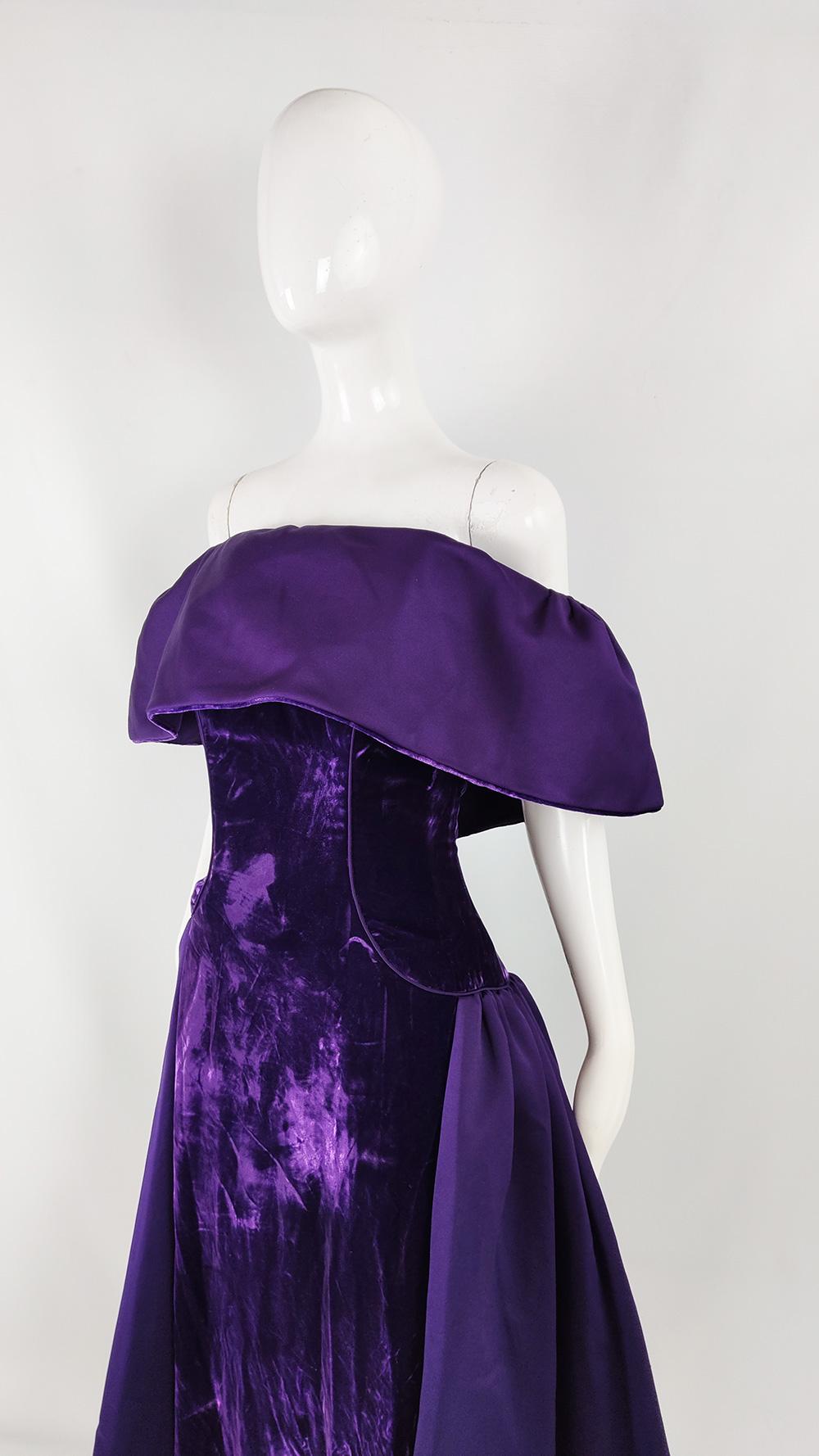 Women's Victor Costa Vintage Purple Crushed Velvet Evening Prom Ball Gown Dress, 1980s