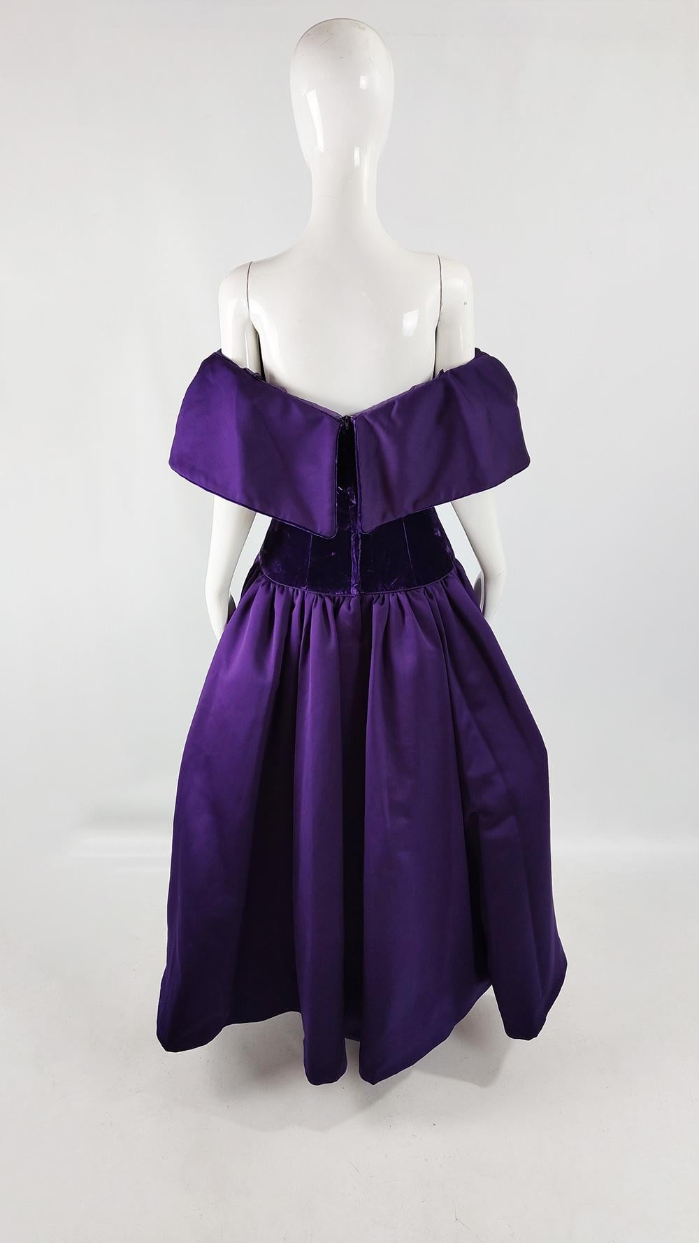 Victor Costa Vintage Purple Crushed Velvet Evening Prom Ball Gown Dress, 1980s 1