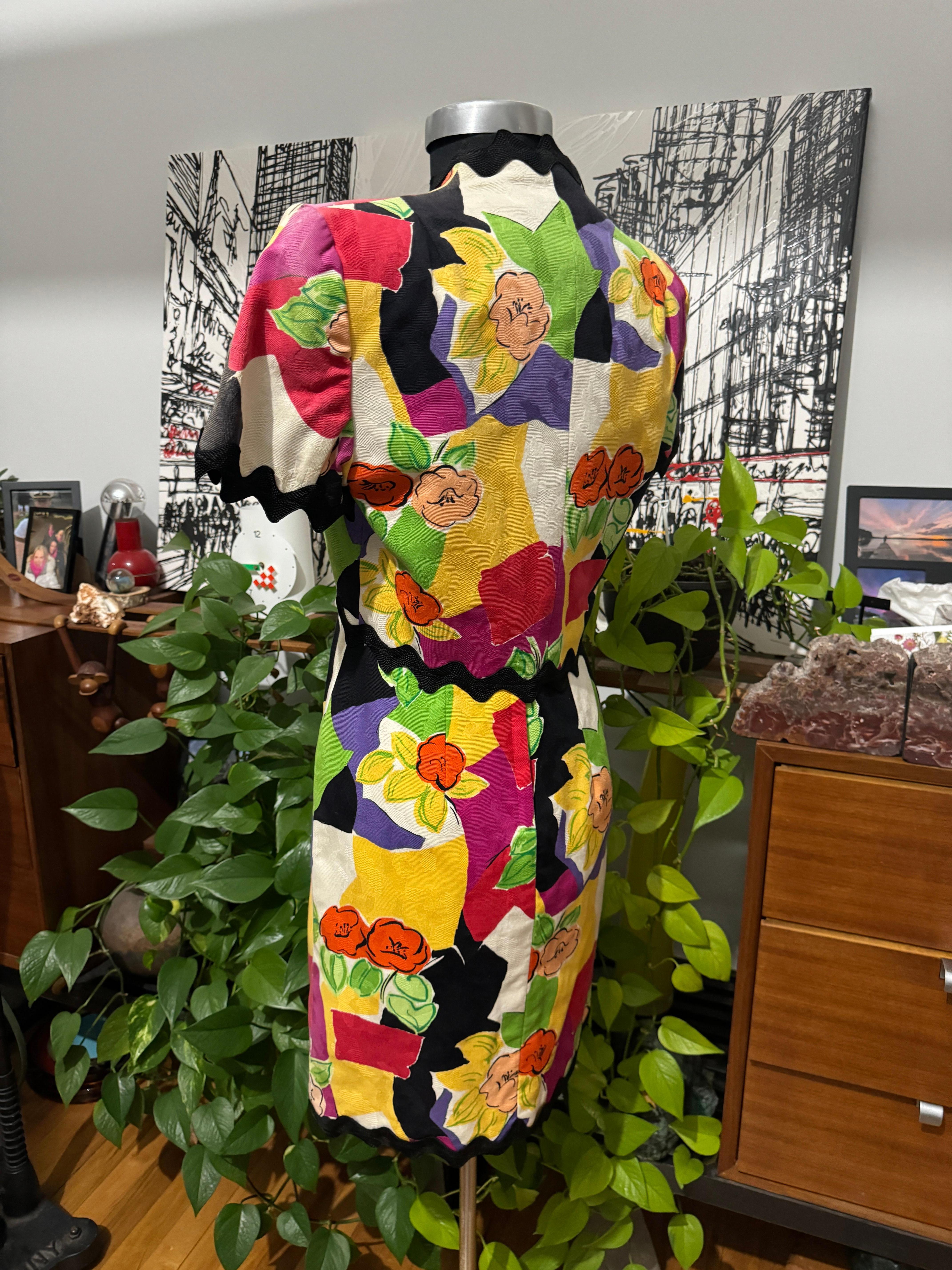 Victor Costa  Wiggle Dress w/ Bolero Jacket XS 1980s Floral Poppy en venta 7