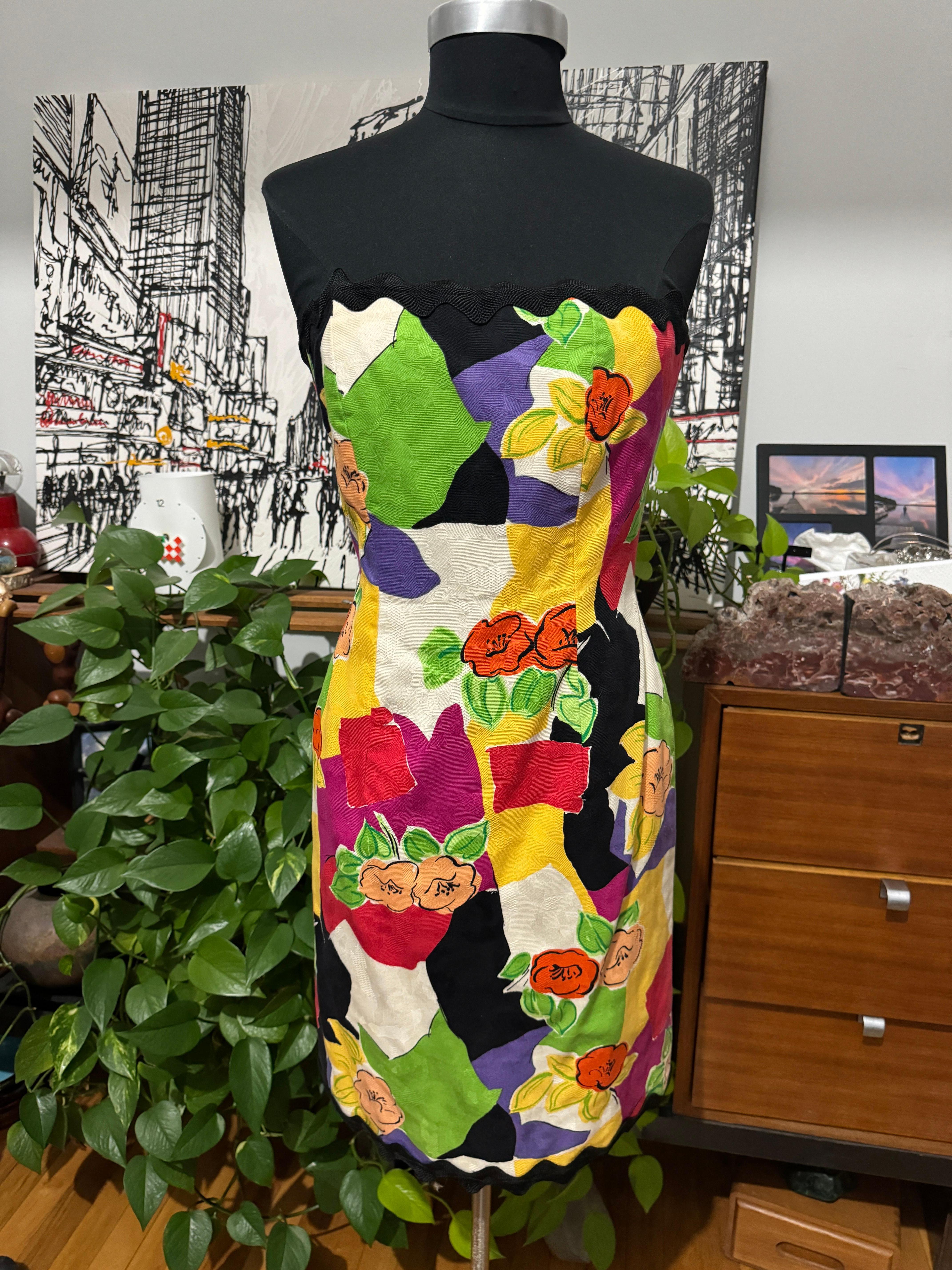 Victor Costa  Wiggle Dress w/ Bolero Jacket XS 1980s Floral Poppy en venta 11