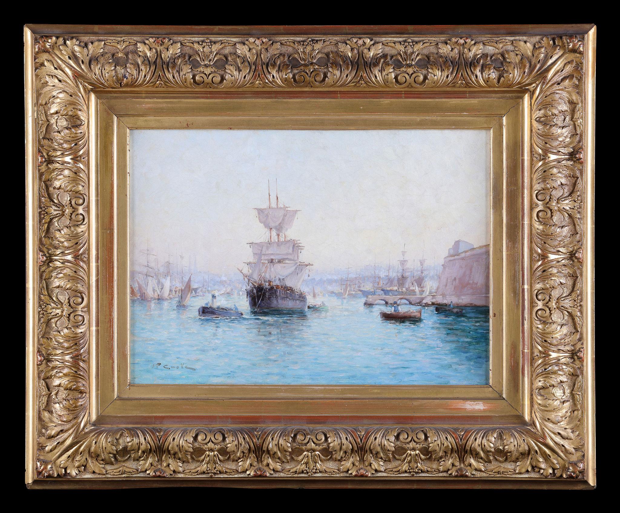 
A Sailing boat returning to Harbour
 . An antique oil painting by Victor Coste