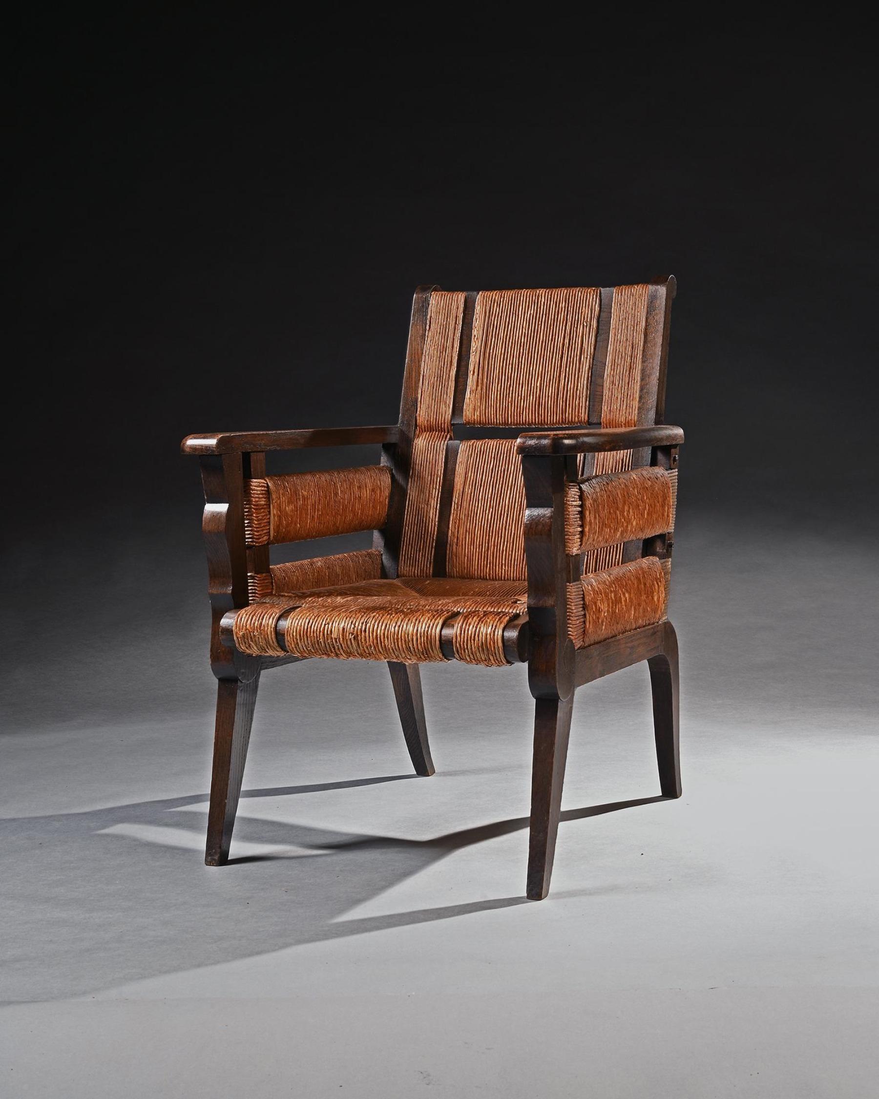 Seltenes Modell aus Eiche und Sisal-Sessel von Victor Courtray aus der Mitte des 20. Jahrhunderts (Französisch) im Angebot