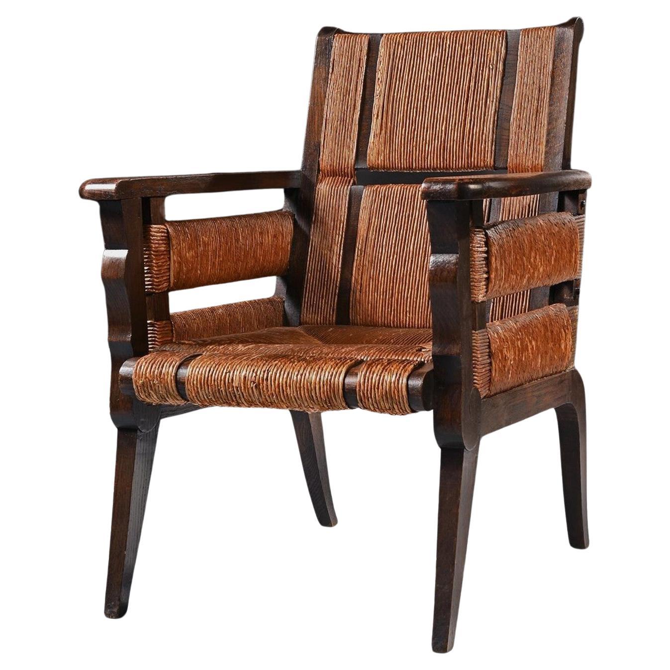 Victor Courtray Rare Model Mid 20th Century Oak and Sisal Armchair For Sale