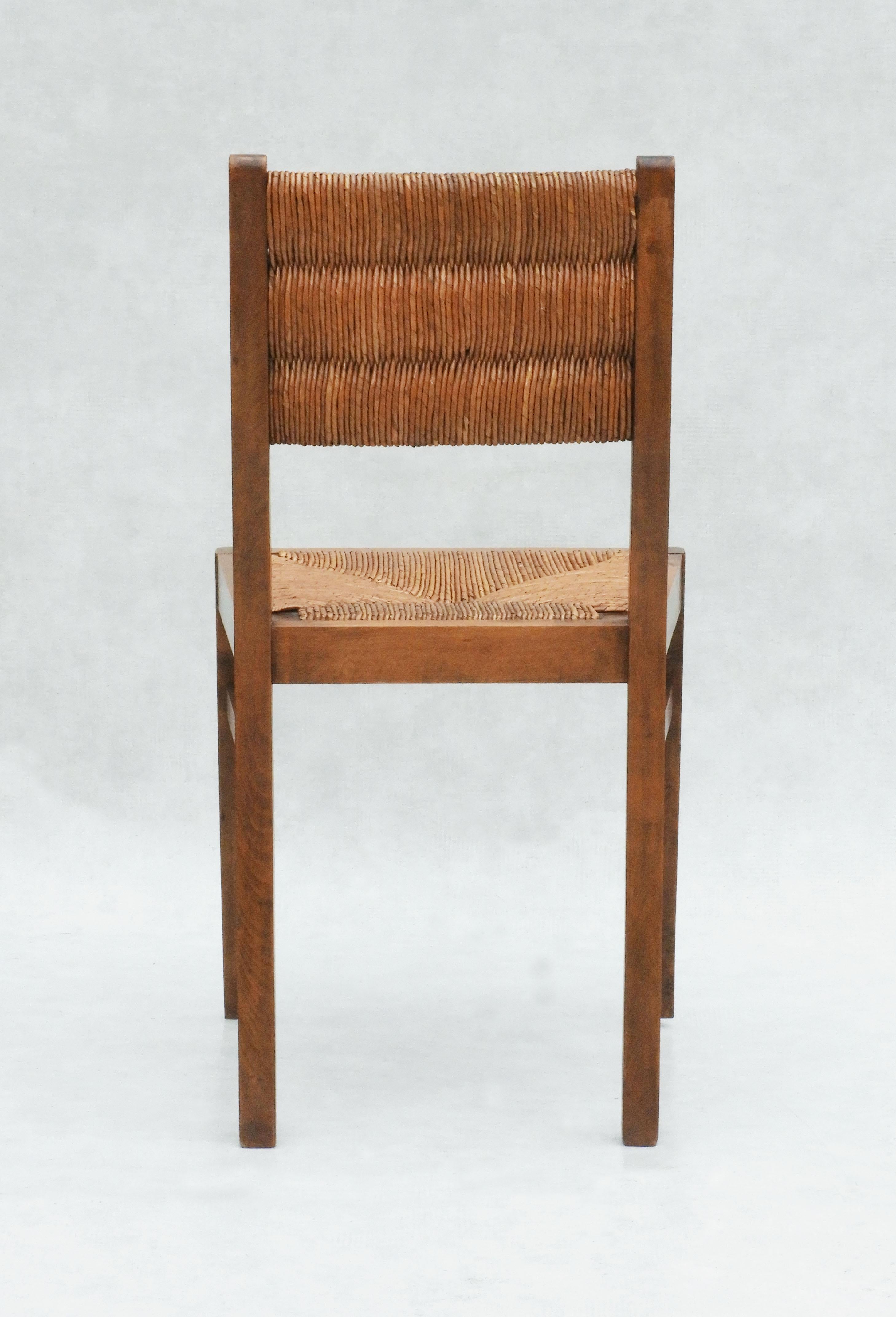 Hand-Woven Victor Courtray Style Oak and Rush Dining Chairs, C1950 France