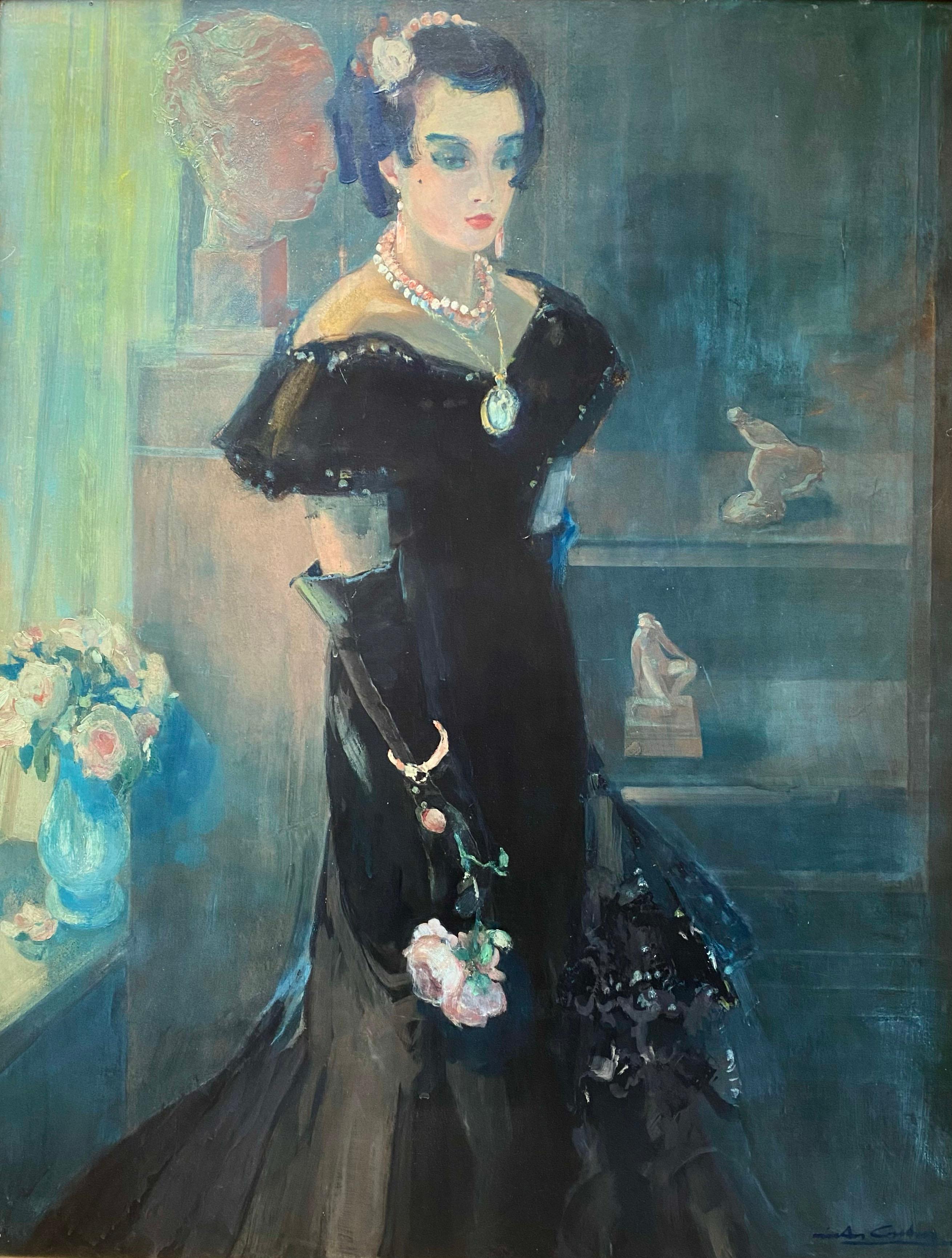 Victor Creten, Brussels 1878-1966, Belgian, 'A Lady in Black with a Rose' For Sale 1