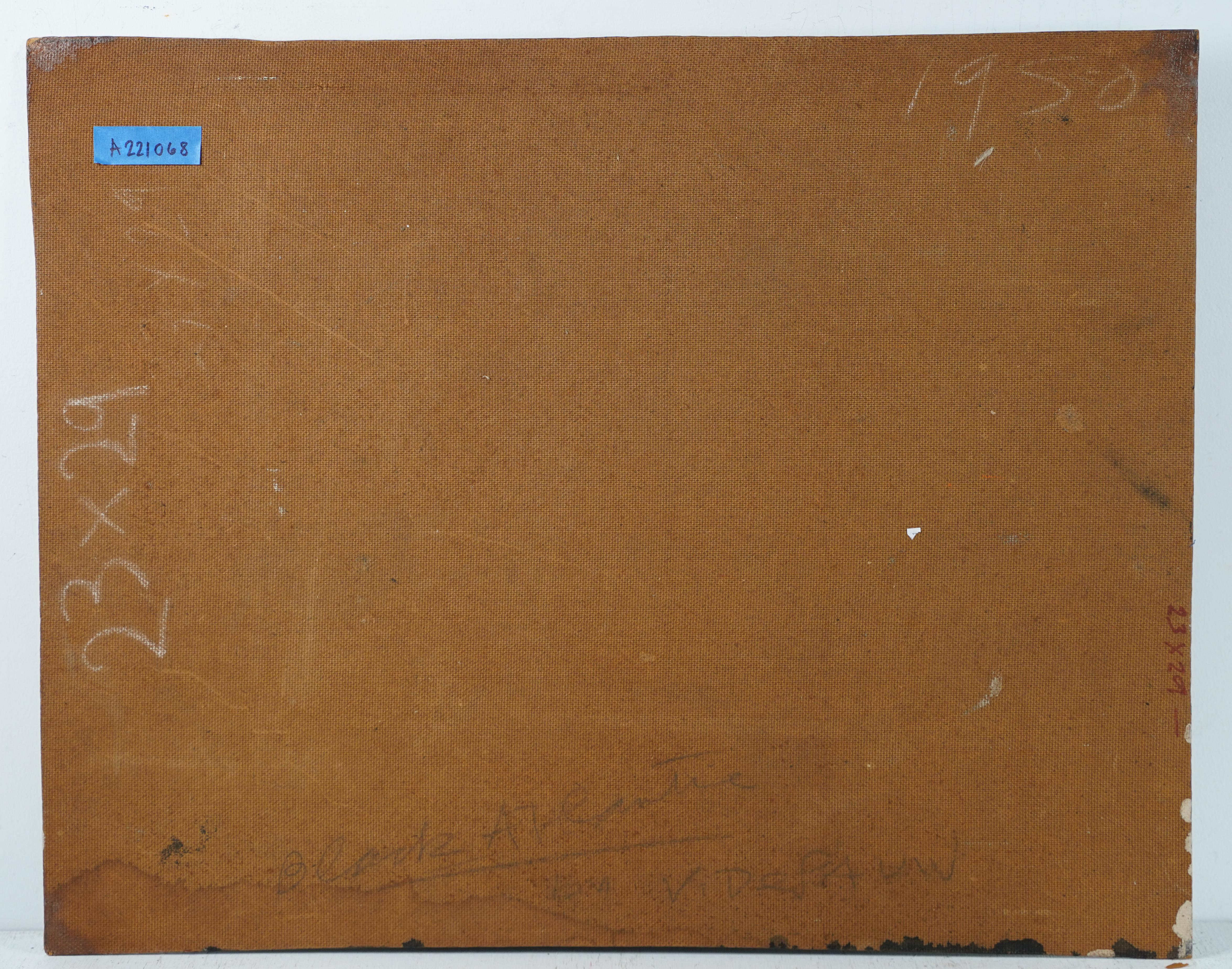 Ancienne peinture à l'huile moderniste américaine de Victor De Pauw (1902 - 1971). Huile sur carton, vers 1950.  Encadrement disponible.   Taille de l'image, 24L x 27H. Signé.
