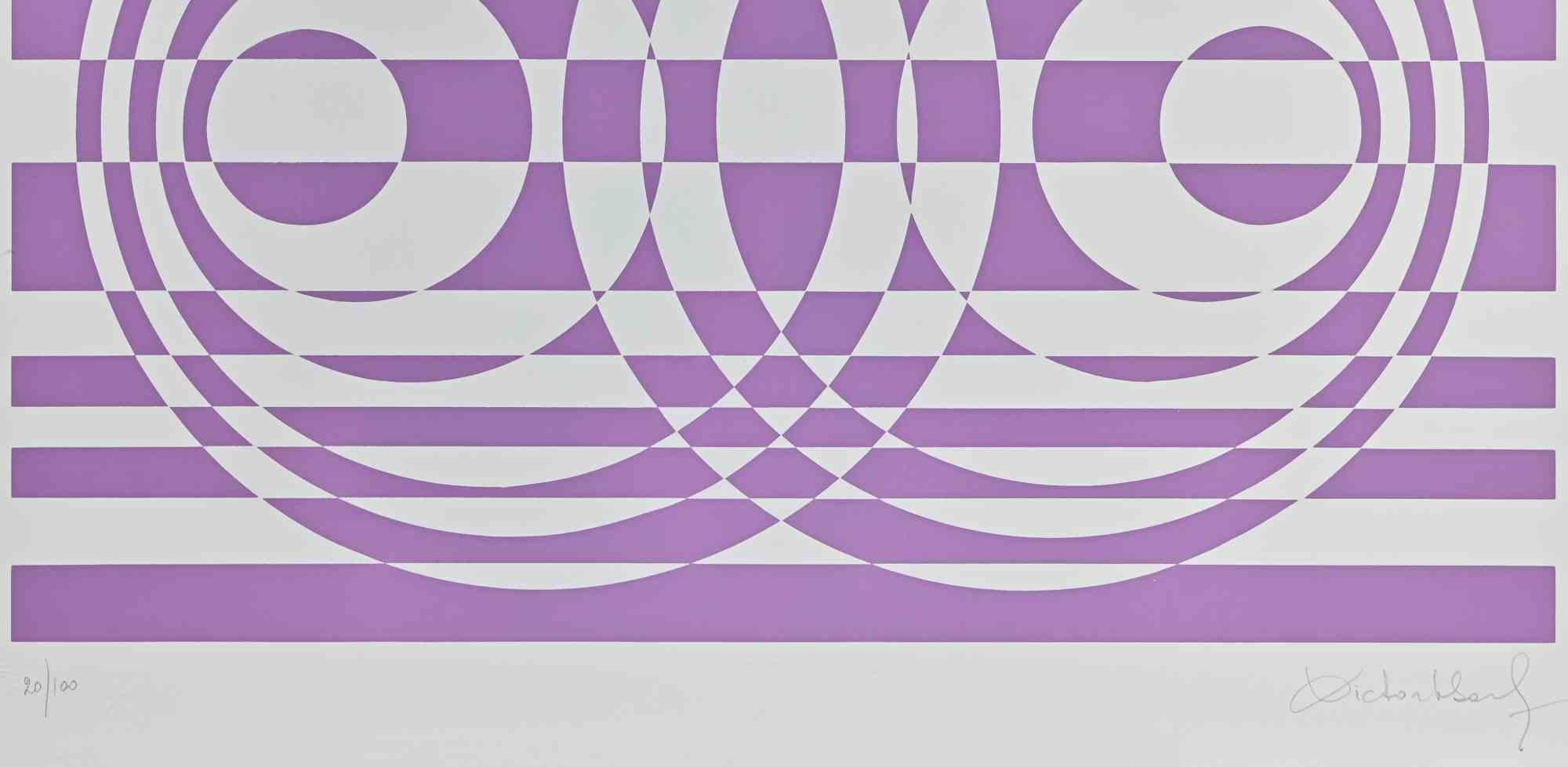 Abstract Composition in Purple - Screen Print by V. Debach - 1970s - Gray Abstract Print by Victor Debach