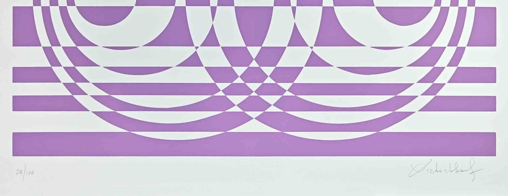 Abstract Composition in Purple - Screen Print by V. Debach - 1970s For Sale 1