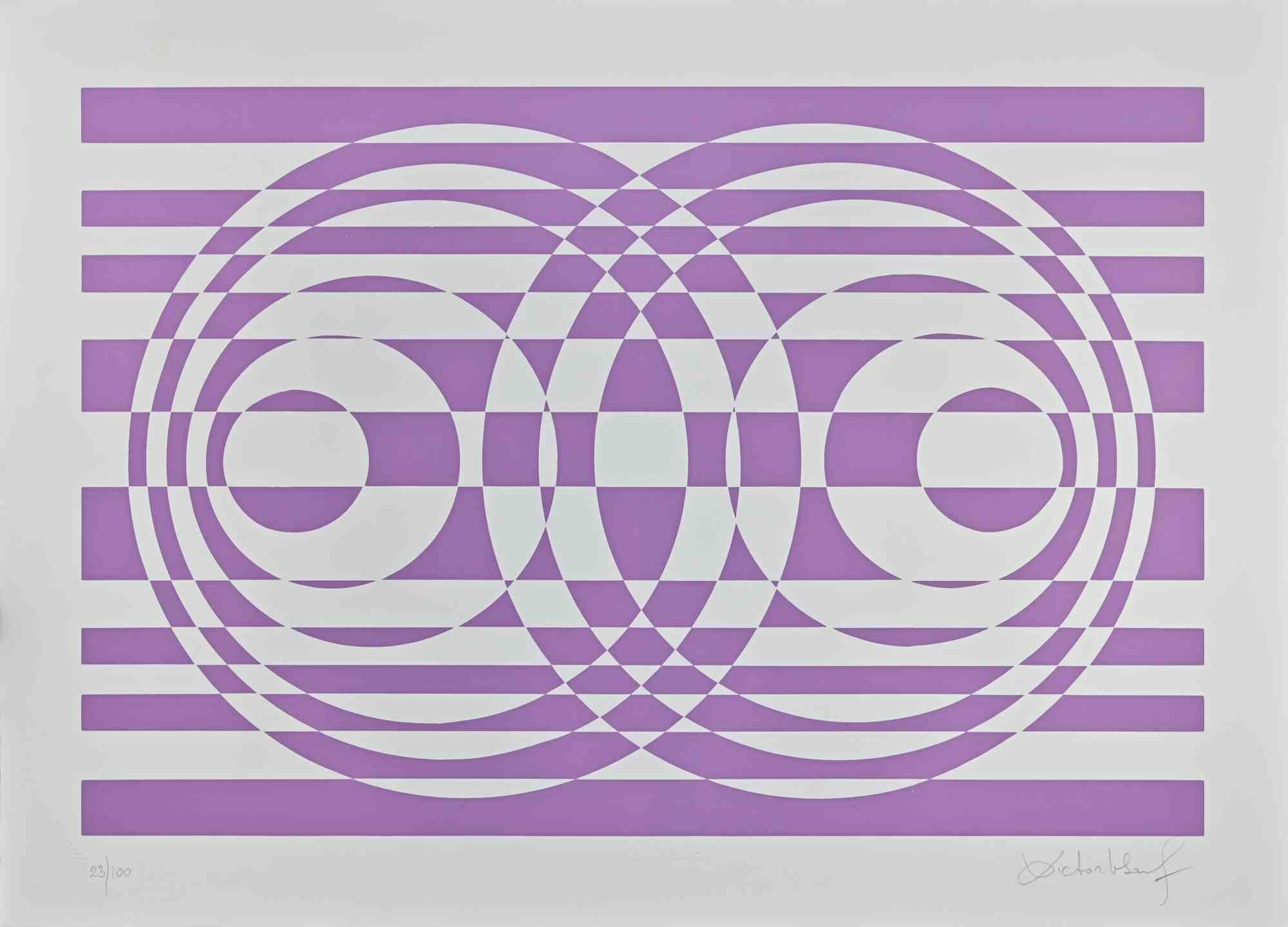 Abstract Composition in Purple - Screen Print by V. Debach - 1970s