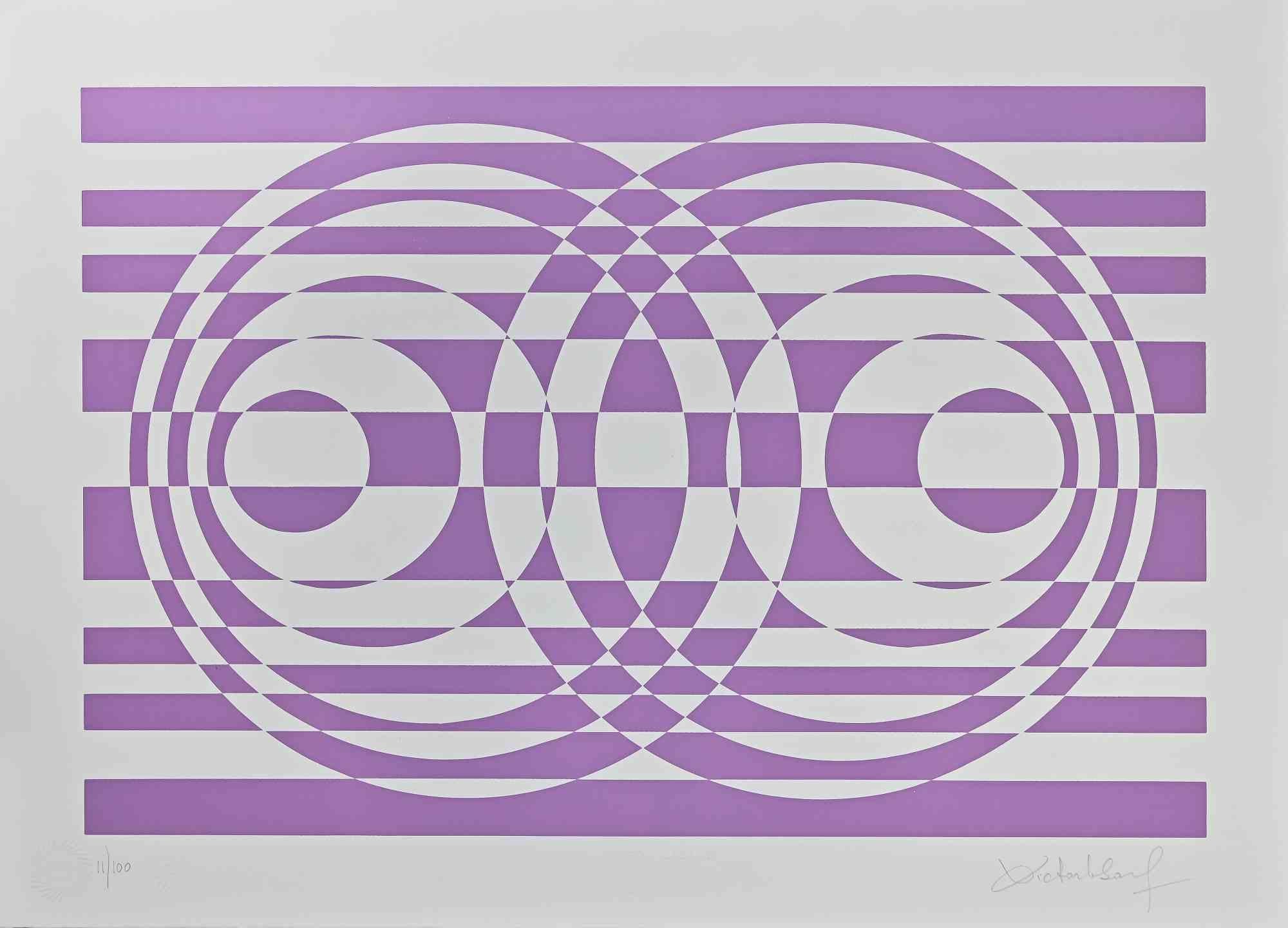 Abstract Composition in Purple - Screen Print by V. Debach - 1970s