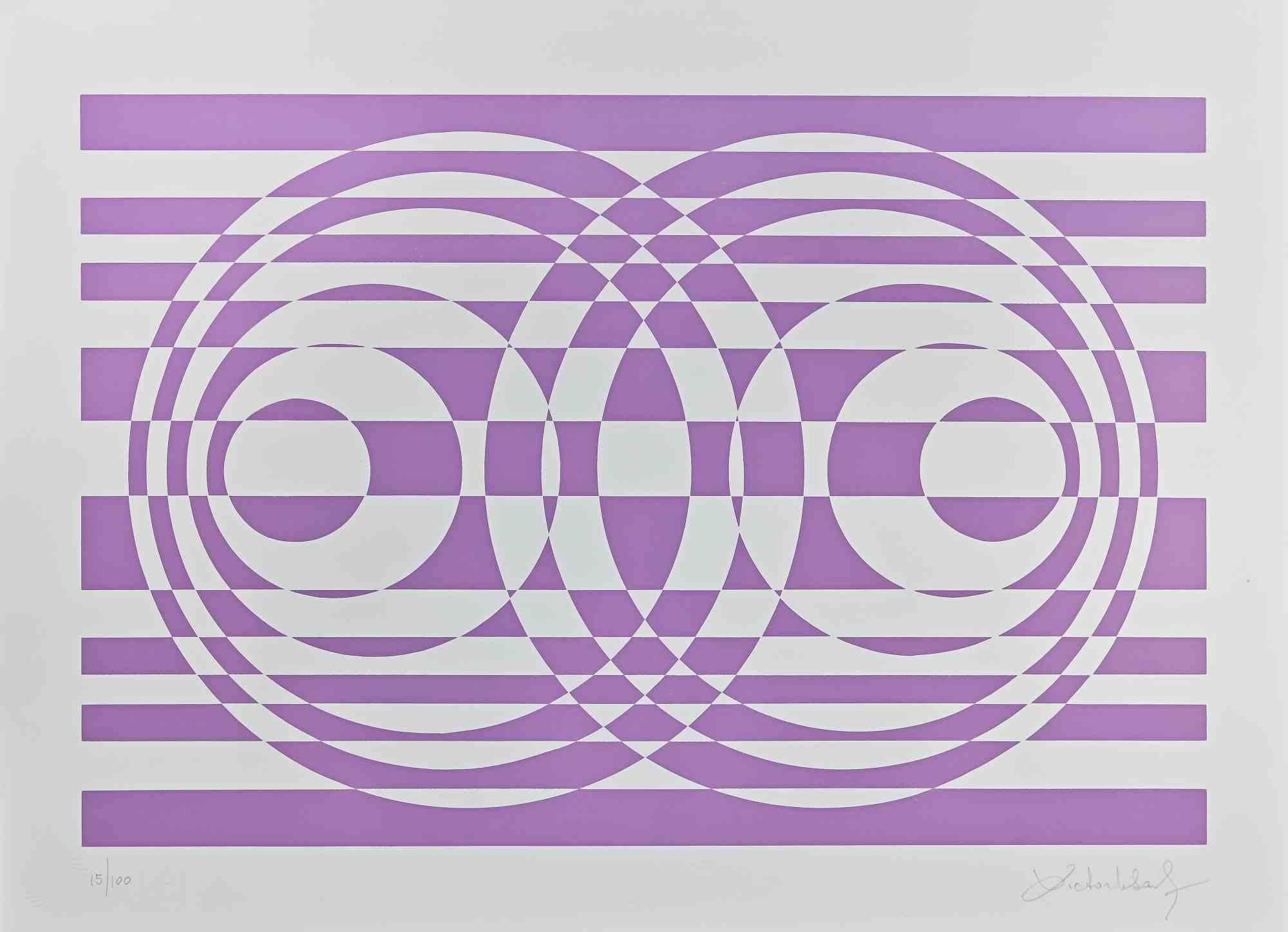 Composition abstraite violette - Impression sérigraphiée de V. Debach - 1970