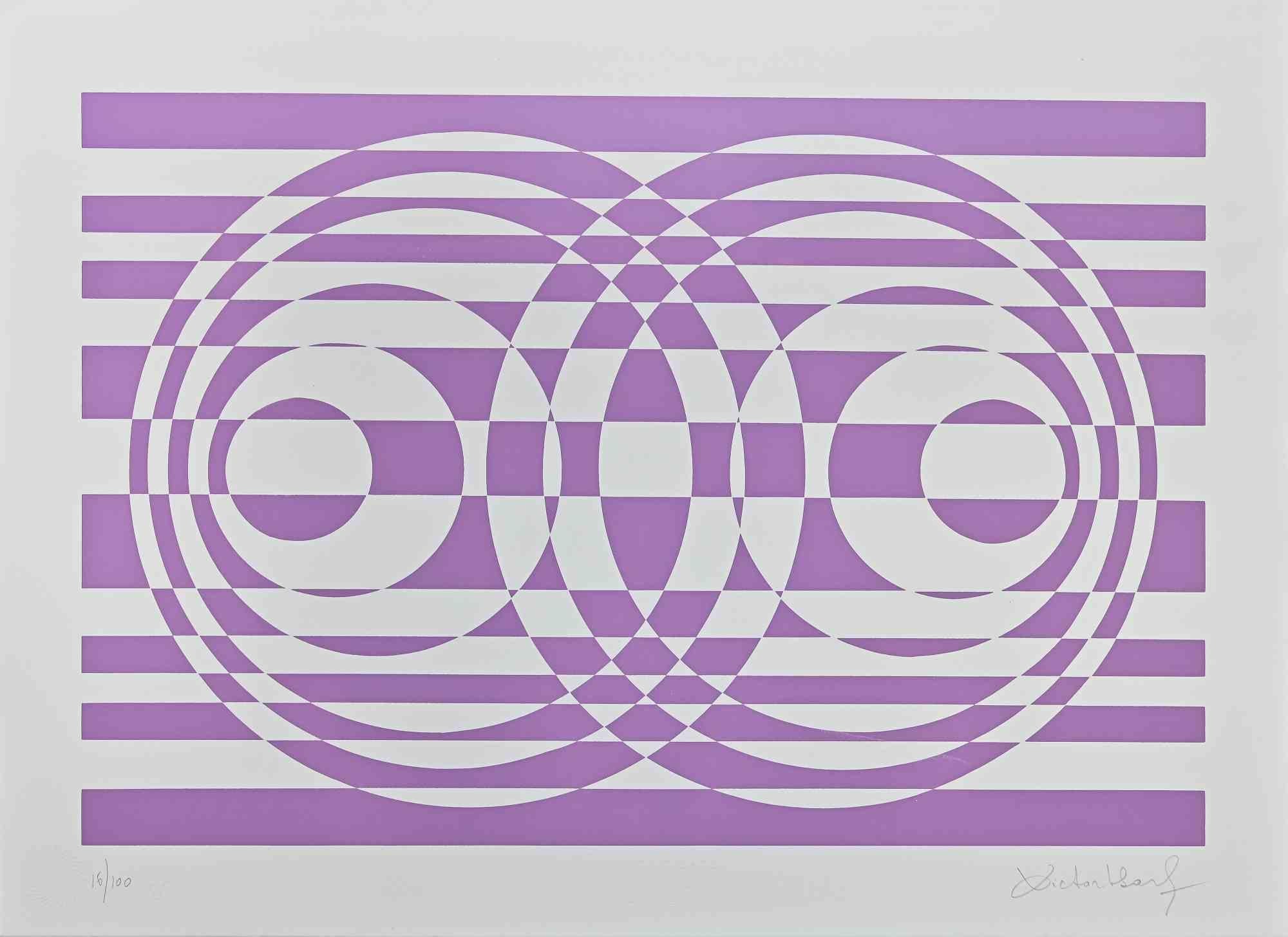 Victor Debach Abstract Print - Abstract Composition in Purple - Screen Print by V. Debach - 1970s