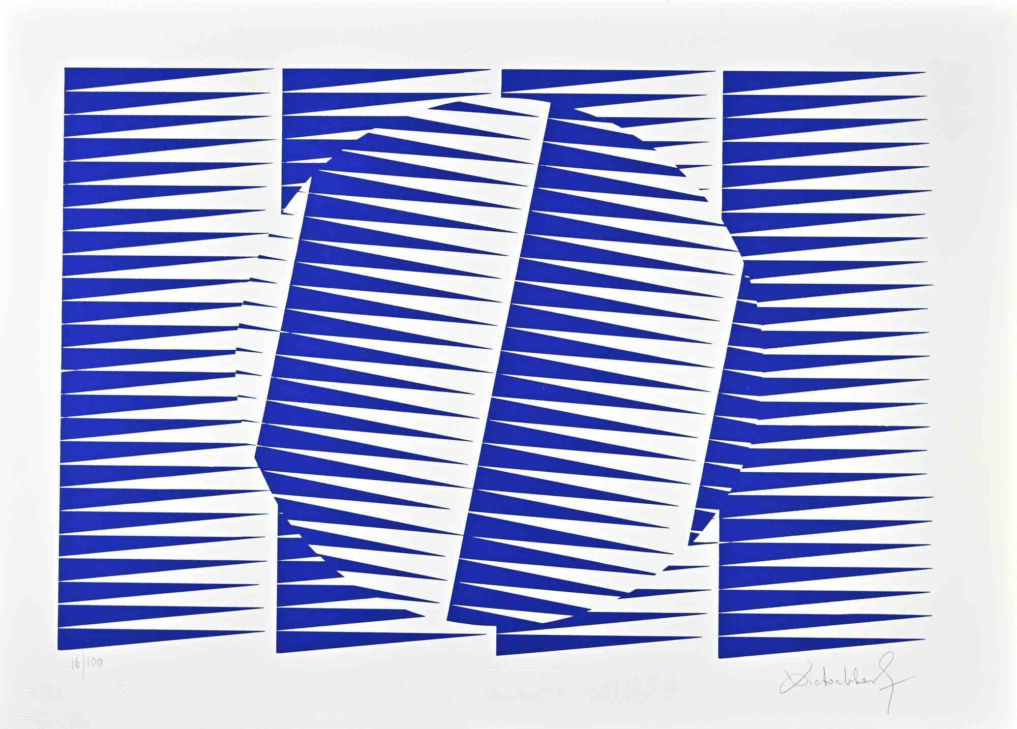 Abstrakte elektrische blaue Komposition – Paraventdruck von Victor Debach – 1970er Jahre