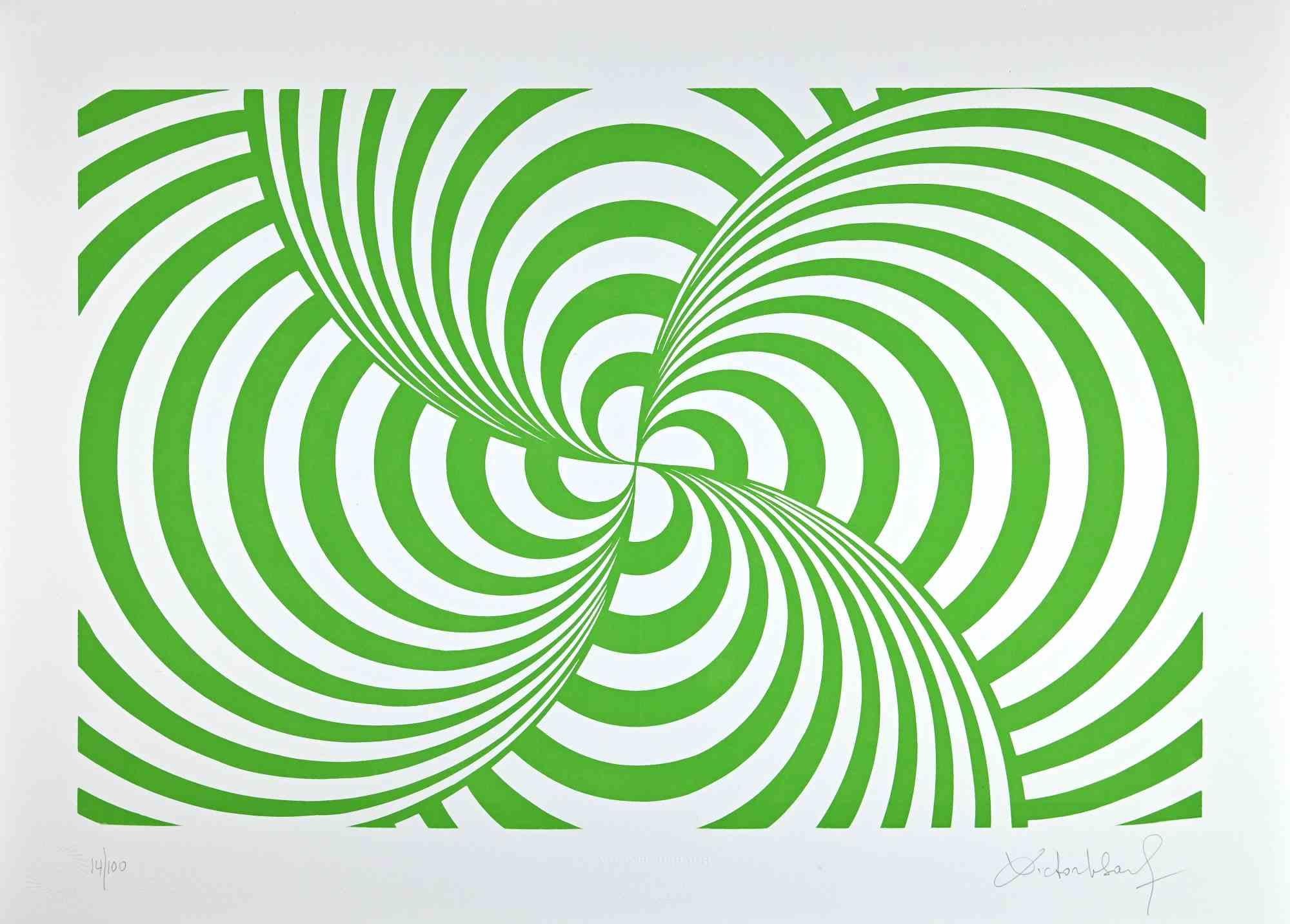 Composition abstraite verte - Impression sérigraphiée de V. Debach - 1970 - Print de Victor Debach