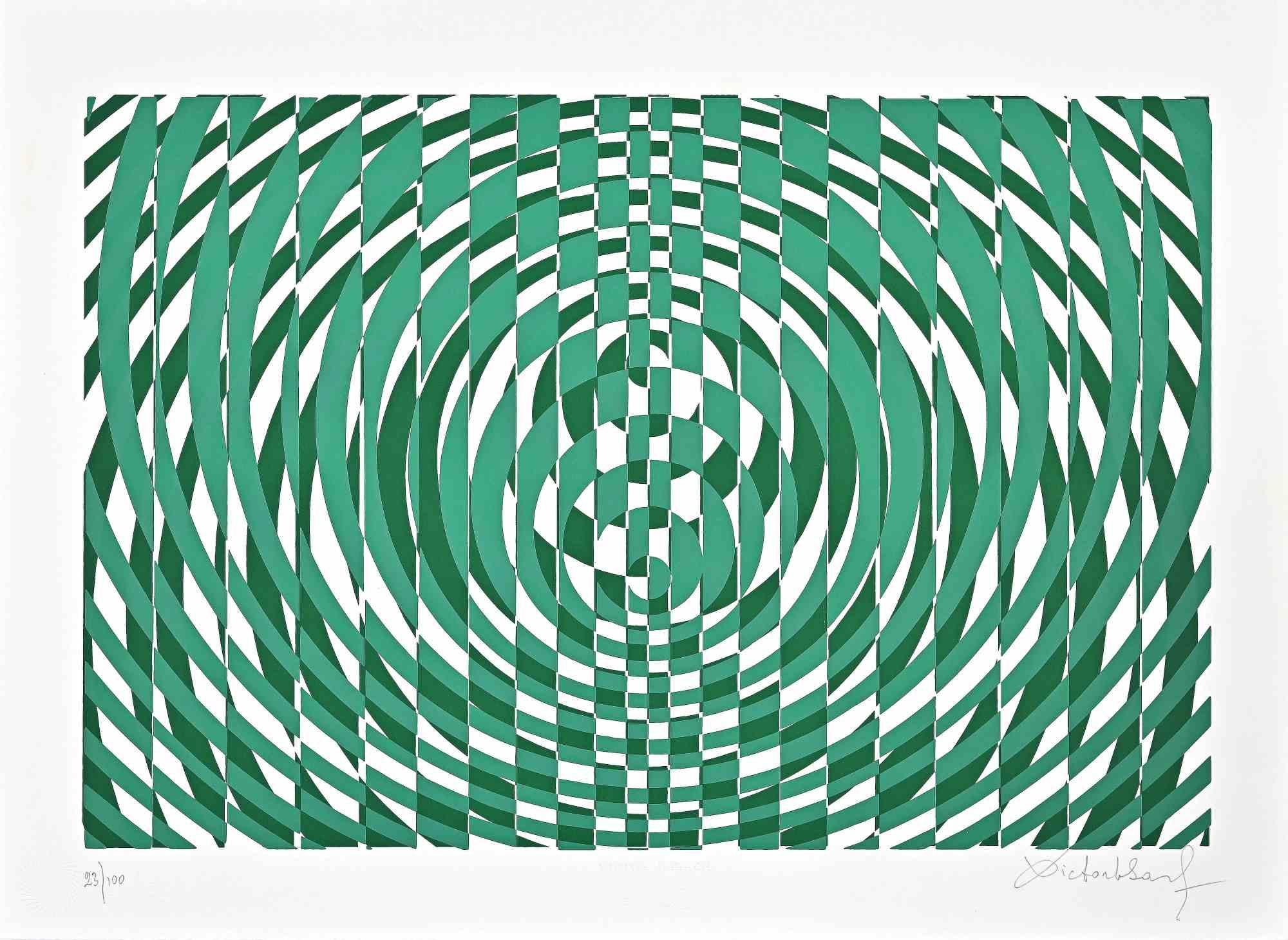Victor Debach Abstract Print - Abstract Green Composition - Screen Print by V. Debach - 1970s