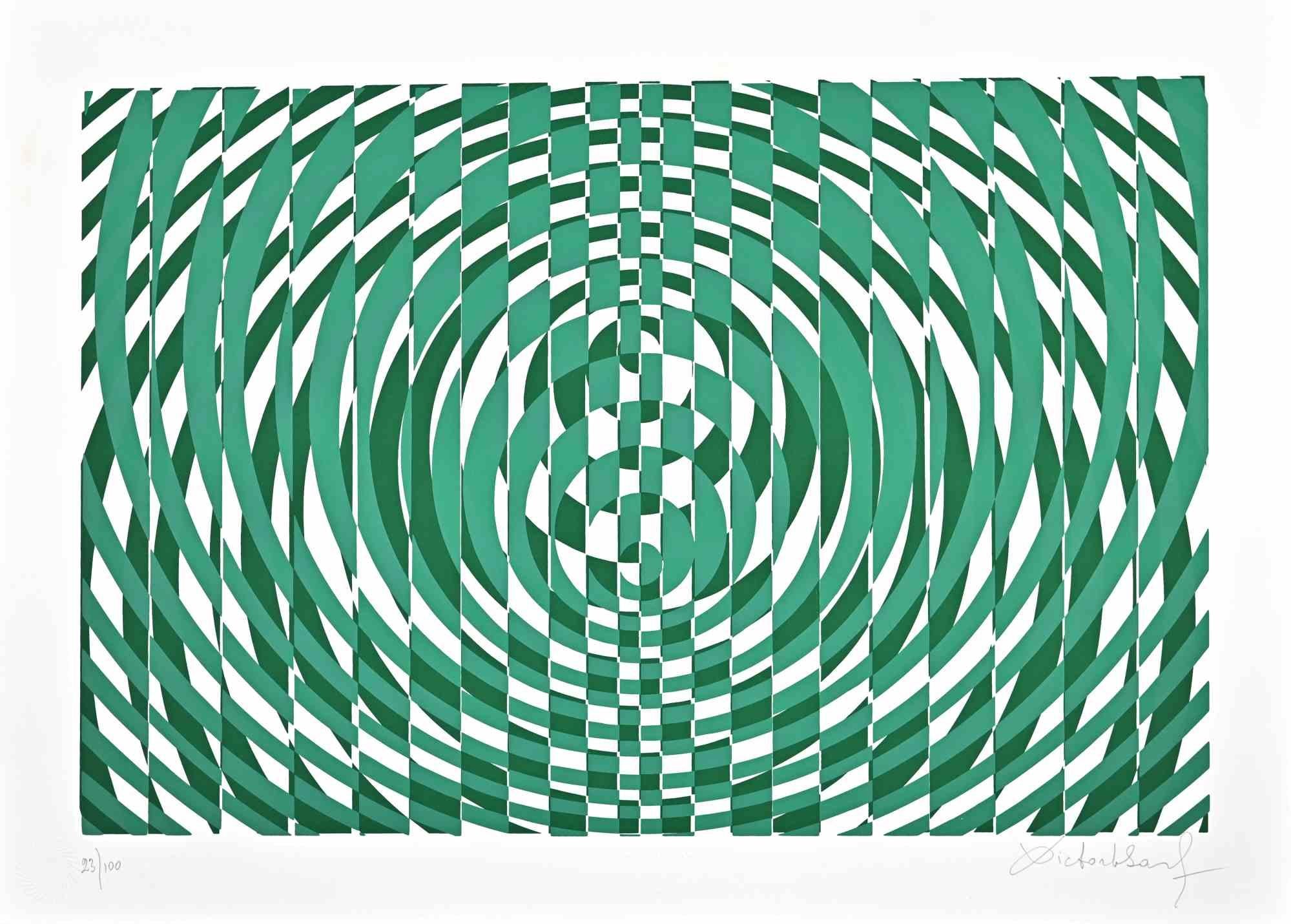 Composition abstraite verte - Sérigraphie par Victor Debach - 1970