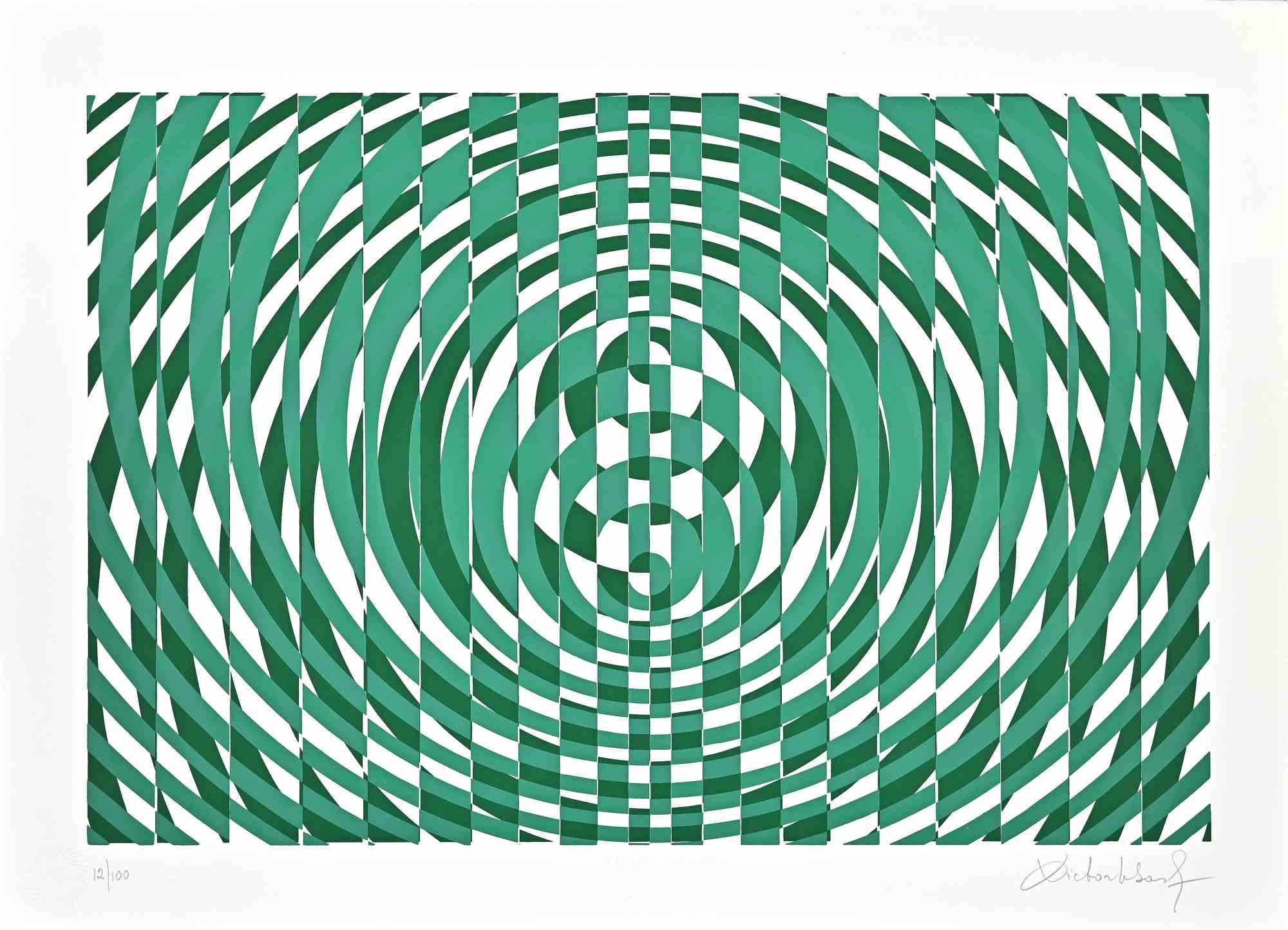 Abstract Green Composition - Screen Print by Victor Debach - 1970s
