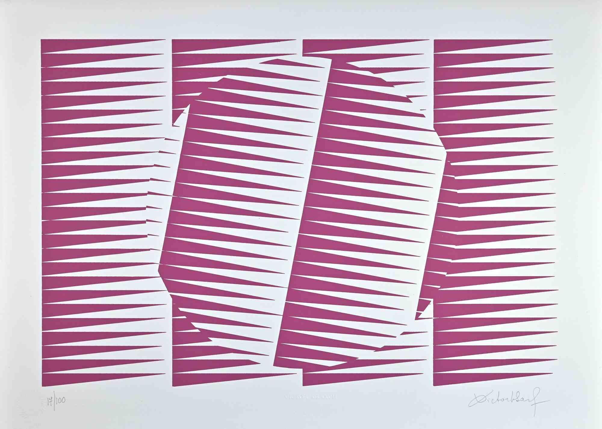 Abstract Pink Composition - Screen Print by Victor Debach - 1970s