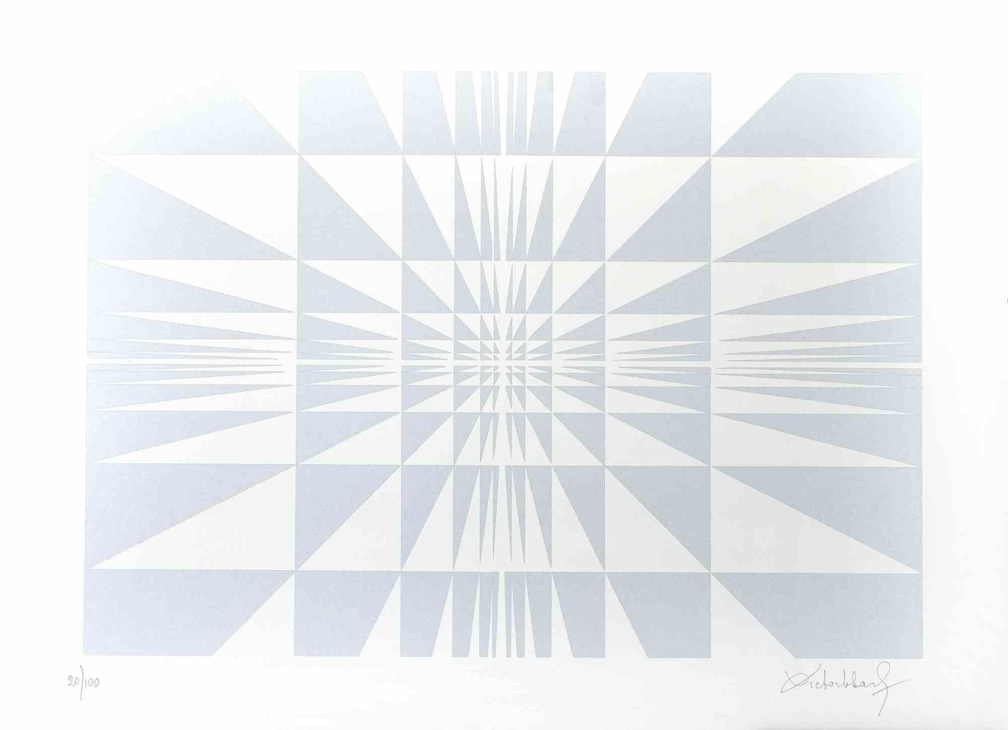 Abstrakte Silberkomposition – Paraventdruck von Victor Debach – 1970er Jahre