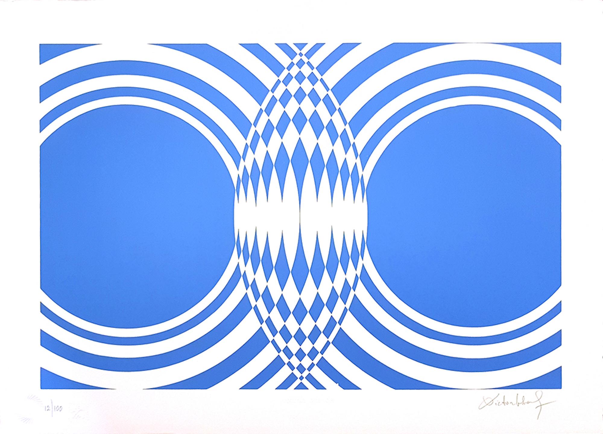 Victor Debach Abstract Print – Blue Composition - Original Screen Print by V. Debach - 1970s