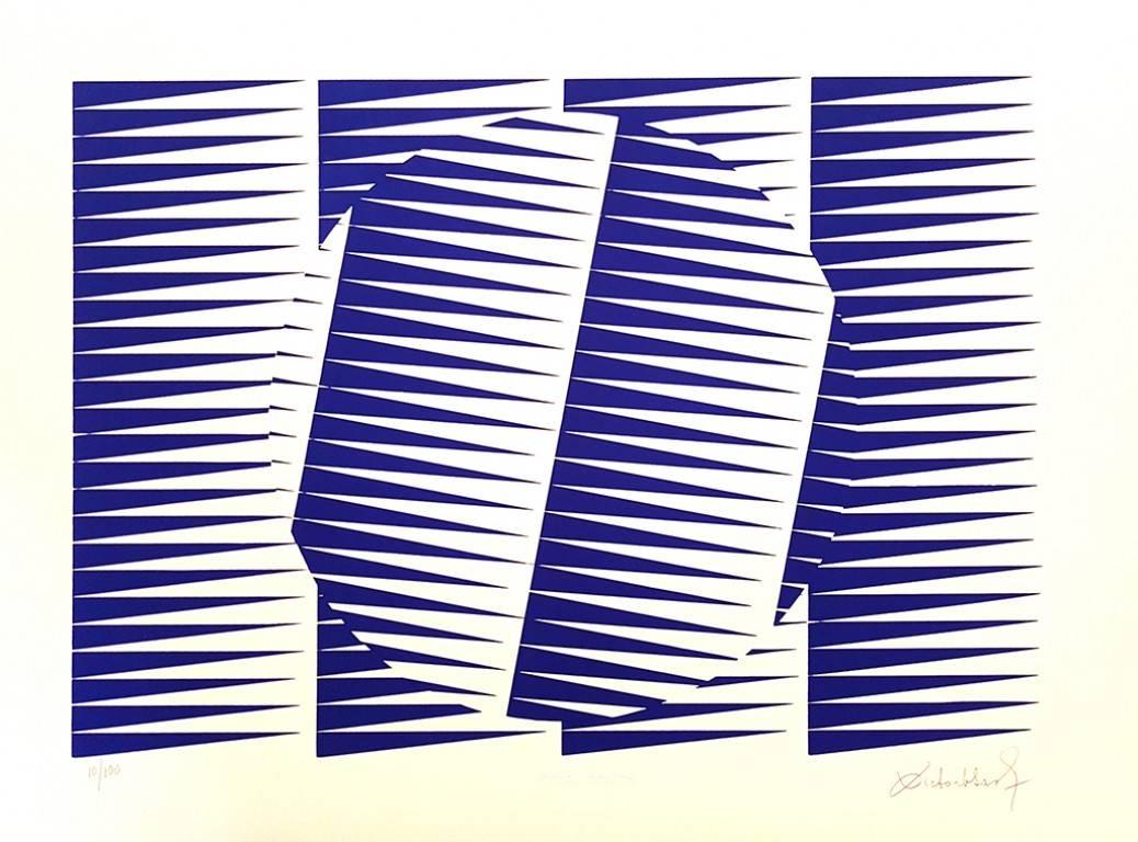 Victor Debach Abstract Print - Blue Composition - Original Screen Print by V. Debach - 1970s