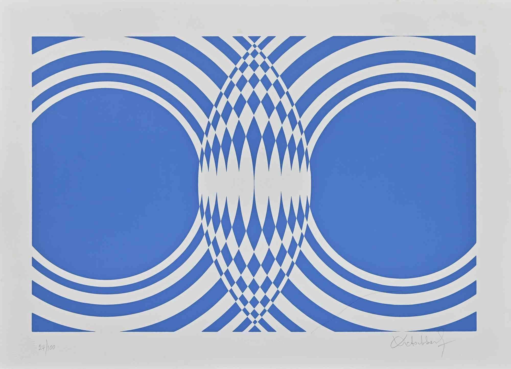Blue Composition is an original contemporary artwork realized by Victor Debach in the 1970s.

Mixed colored screen print on paper.

Hand signed on the lower right margin.

Numbered on the lower left.

Edition of 24/100