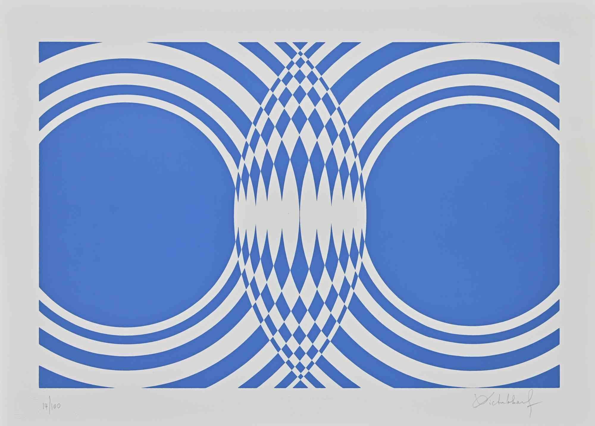Blaue Komposition – Raumteilerdruck von Victor Debach – 1970er Jahre