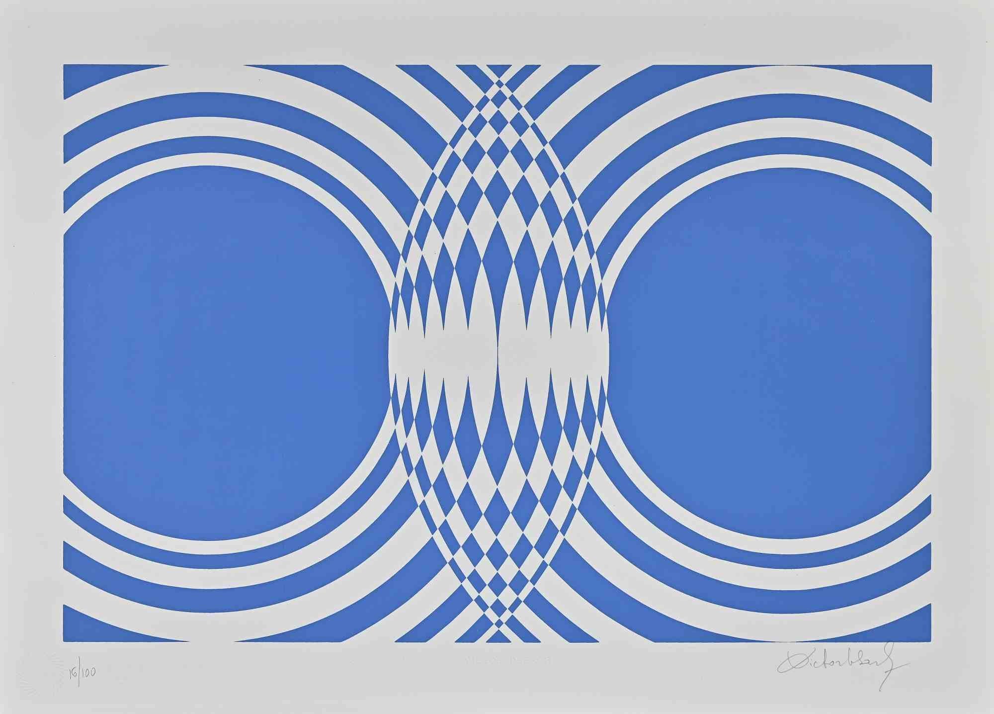 Blue Composition is an original contemporary artwork realized by Victor Debach in the 1970s.

Mixed colored screen print on paper.

Hand signed on the lower right margin.

Numbered on the lower left.

Edition of 16/100